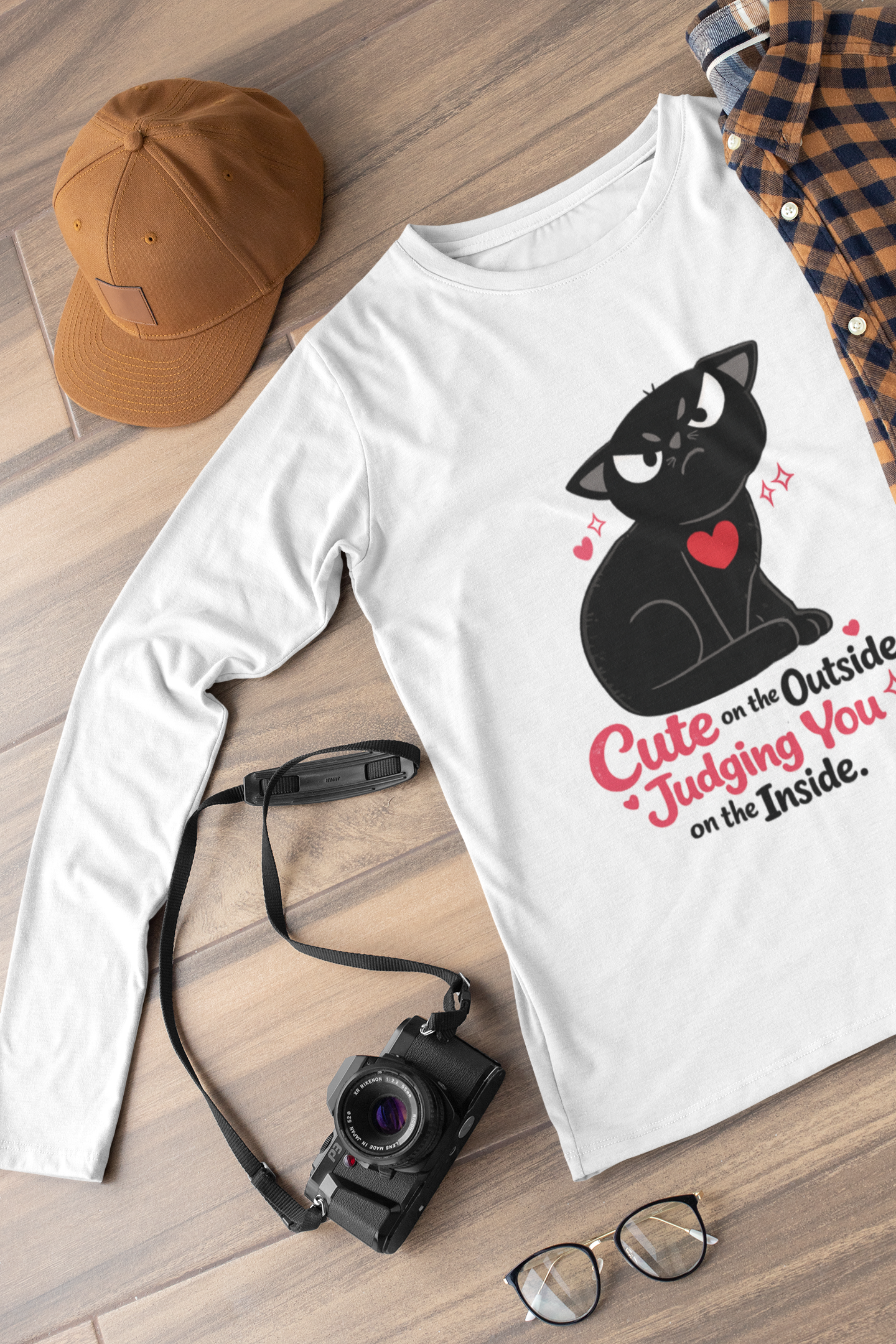 Funny Judging Cat Long Sleeve Shirt, Cute Black Cat Illustration Tee with Quote, Cat Lover Gift, Graphic Cat Top