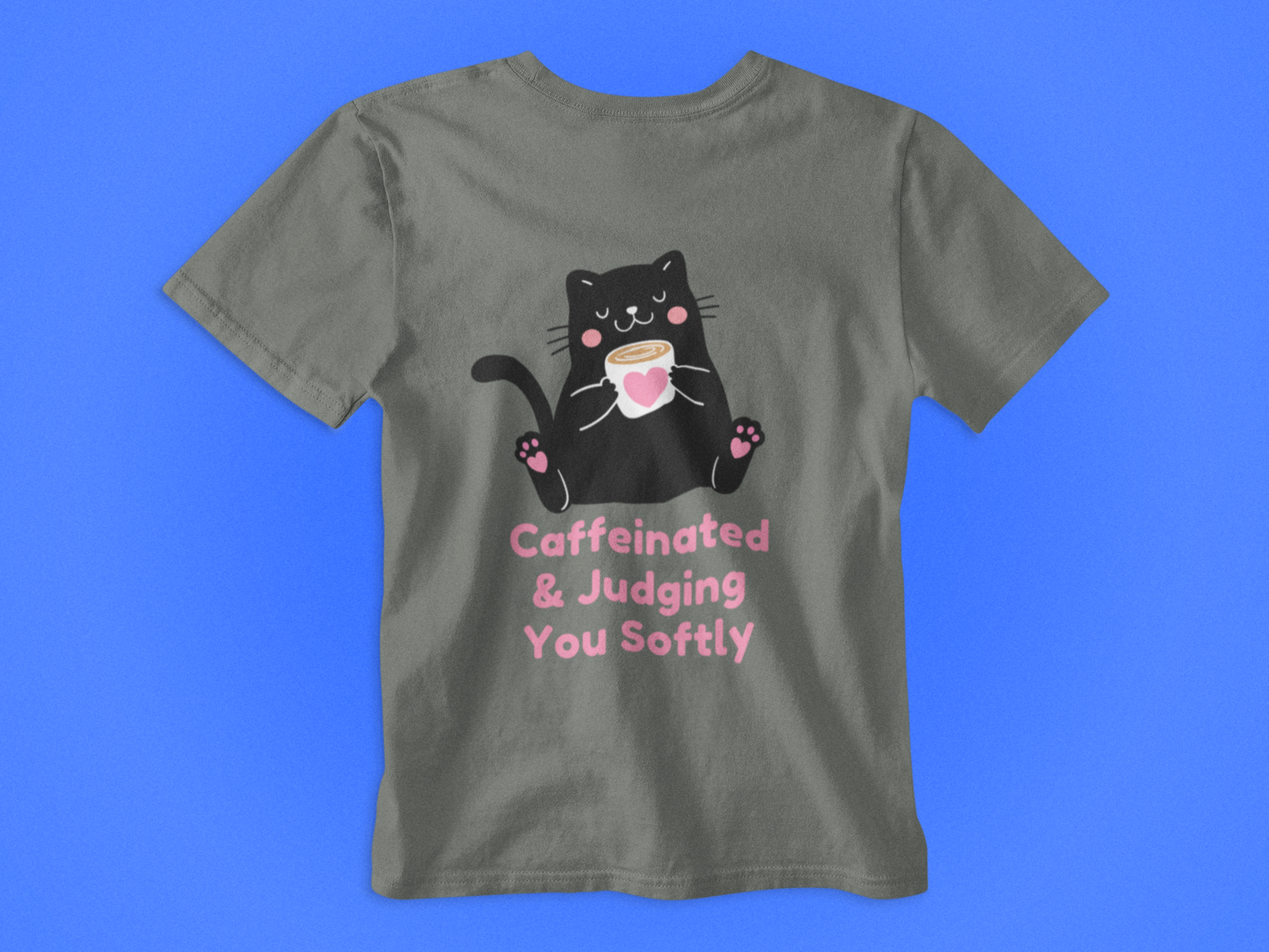Caffeinated & Judging You Softly Cat T-Shirt | Cute Coffee Lover Graphic Tee