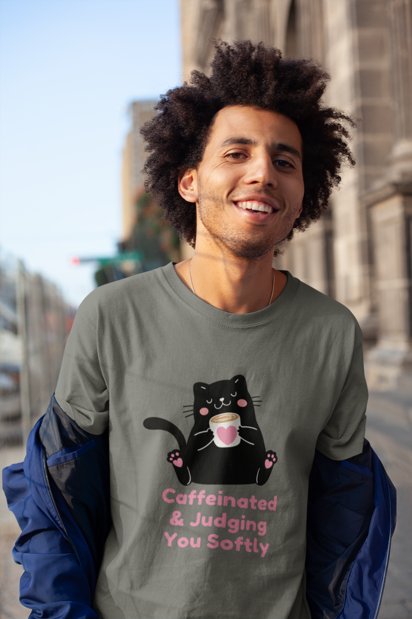 Caffeinated & Judging You Softly Cat T-Shirt | Cute Coffee Lover Graphic Tee