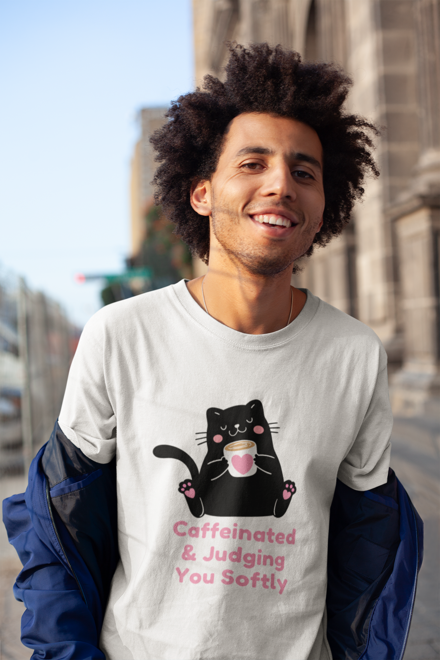 Caffeinated & Judging You Softly Cat T-Shirt | Cute Coffee Lover Graphic Tee