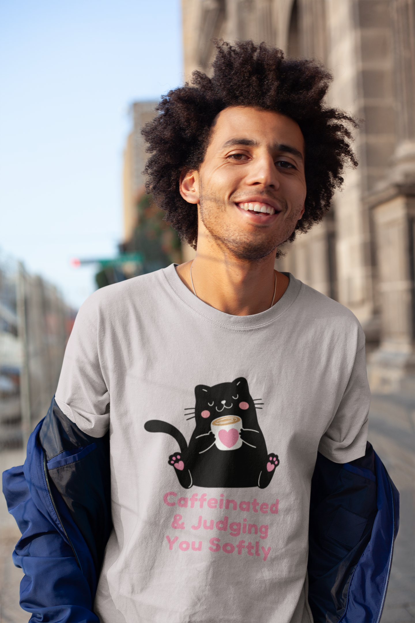Caffeinated & Judging You Softly Cat T-Shirt | Cute Coffee Lover Graphic Tee
