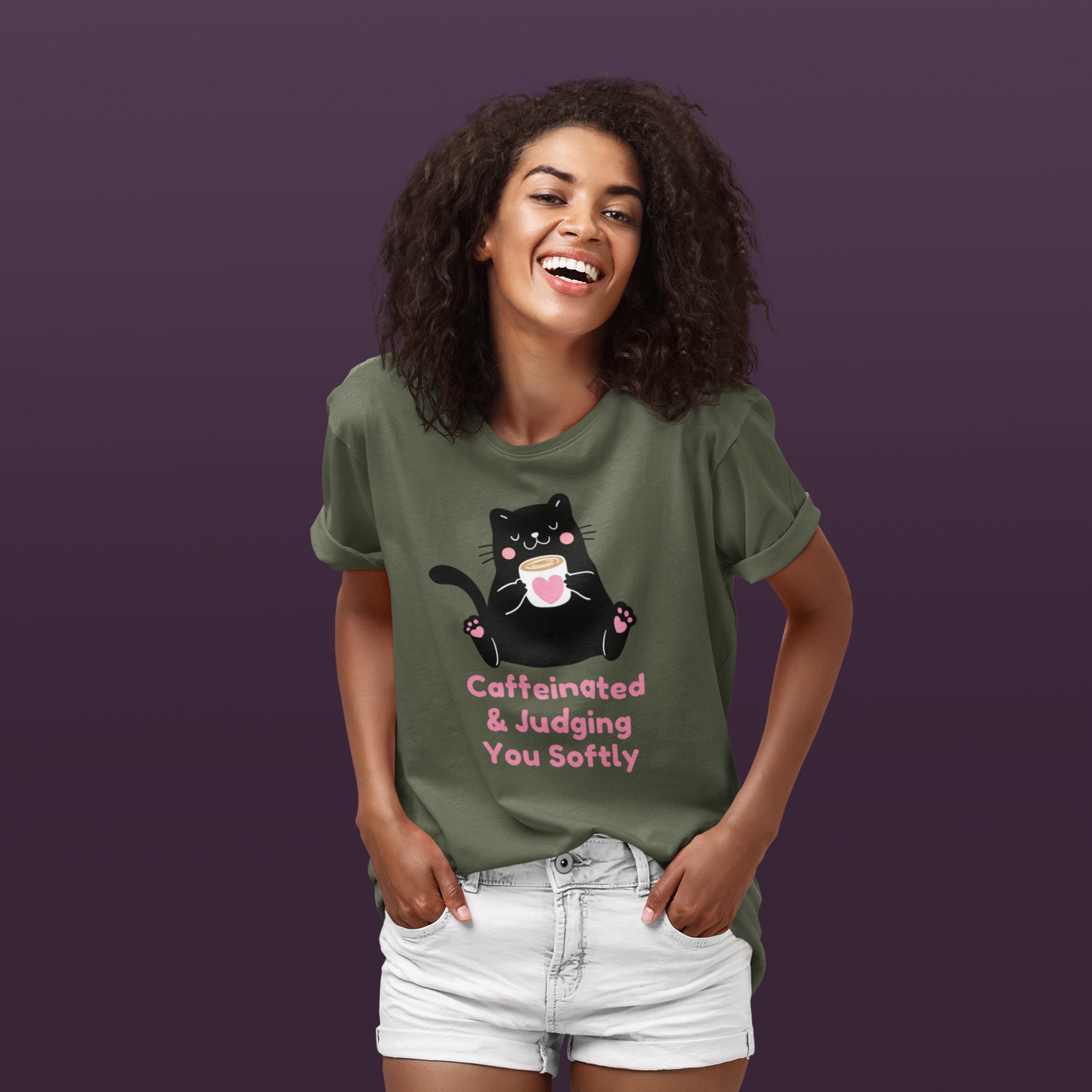Caffeinated & Judging You Softly Cat T-Shirt | Cute Coffee Lover Graphic Tee