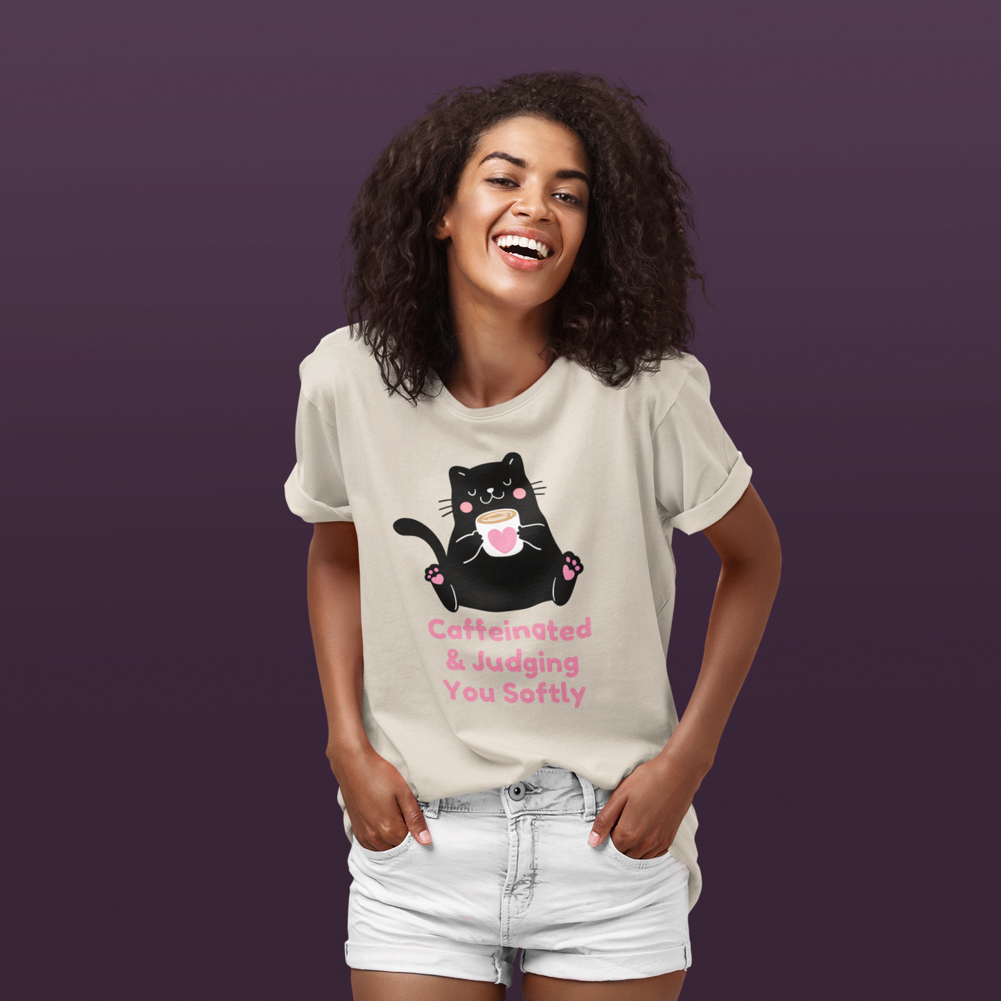 Caffeinated & Judging You Softly Cat T-Shirt | Cute Coffee Lover Graphic Tee
