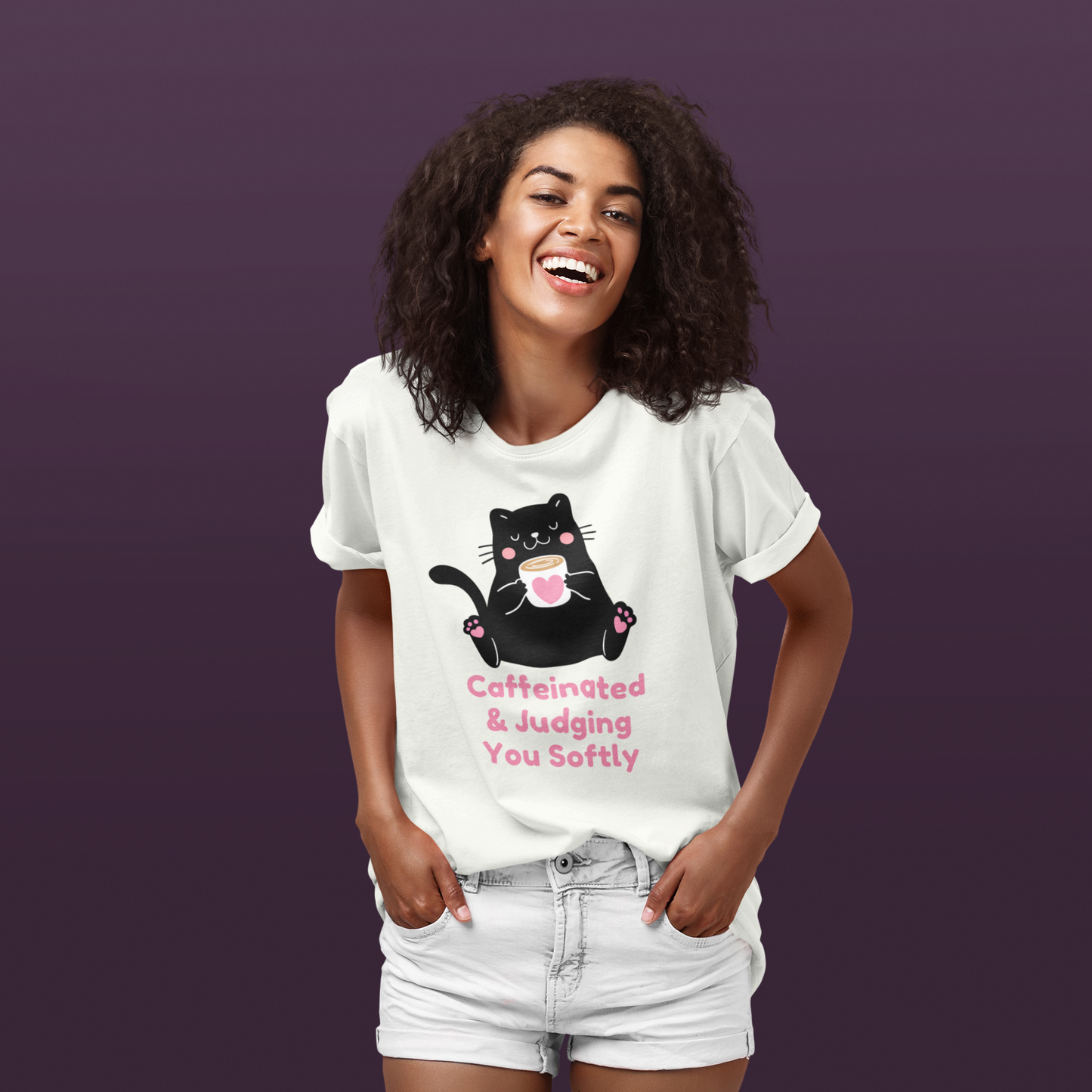 Caffeinated & Judging You Softly Cat T-Shirt | Cute Coffee Lover Graphic Tee