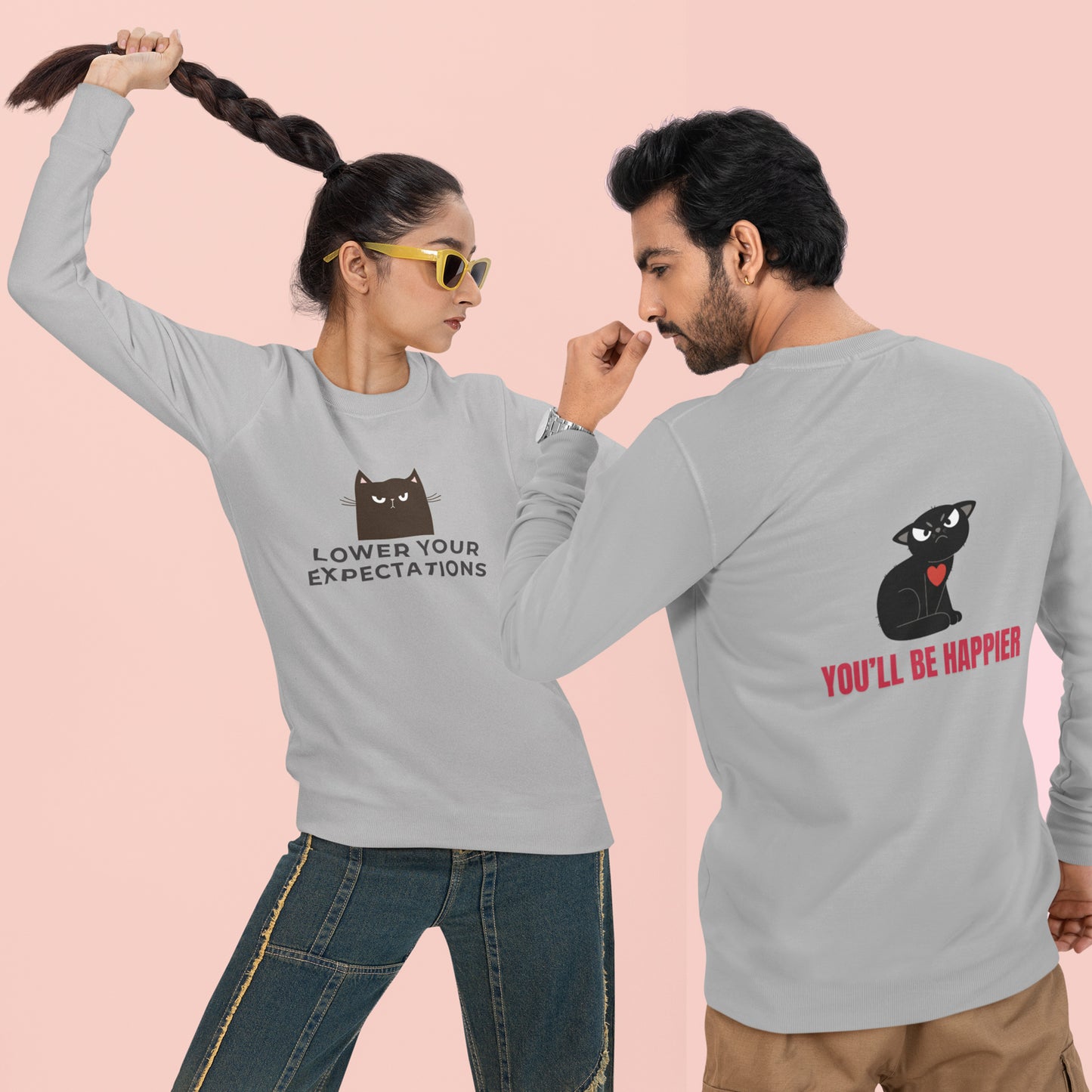 Lower Your Expectations cat design Long Sleeve Tee | black cat graphic, humorous text