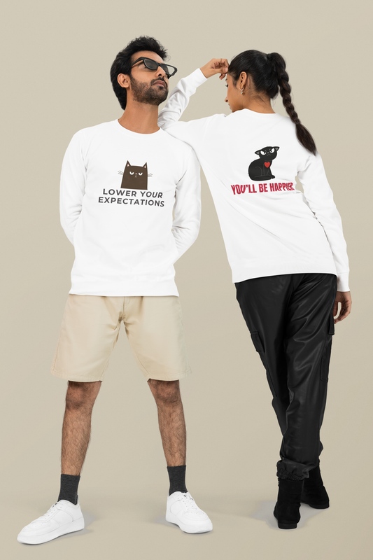 Lower Your Expectations cat design Long Sleeve Tee | black cat graphic, humorous text