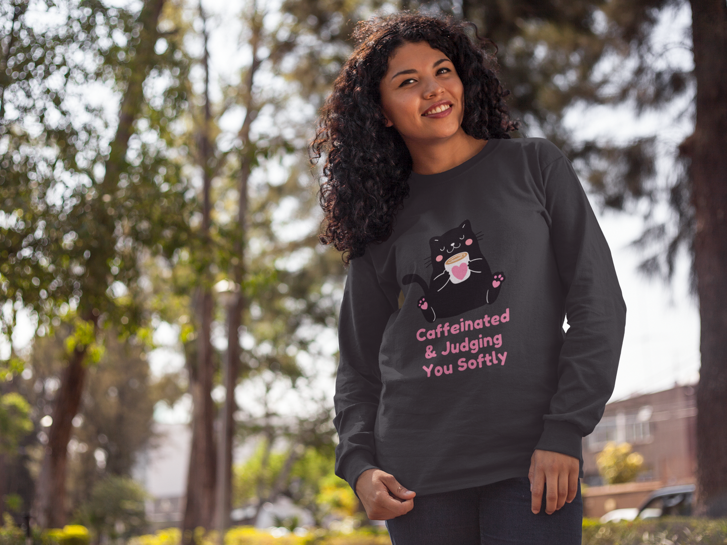 Caffeinated & Judging You Softly Cat Sweatshirt | Funny Coffee Lover Crewneck