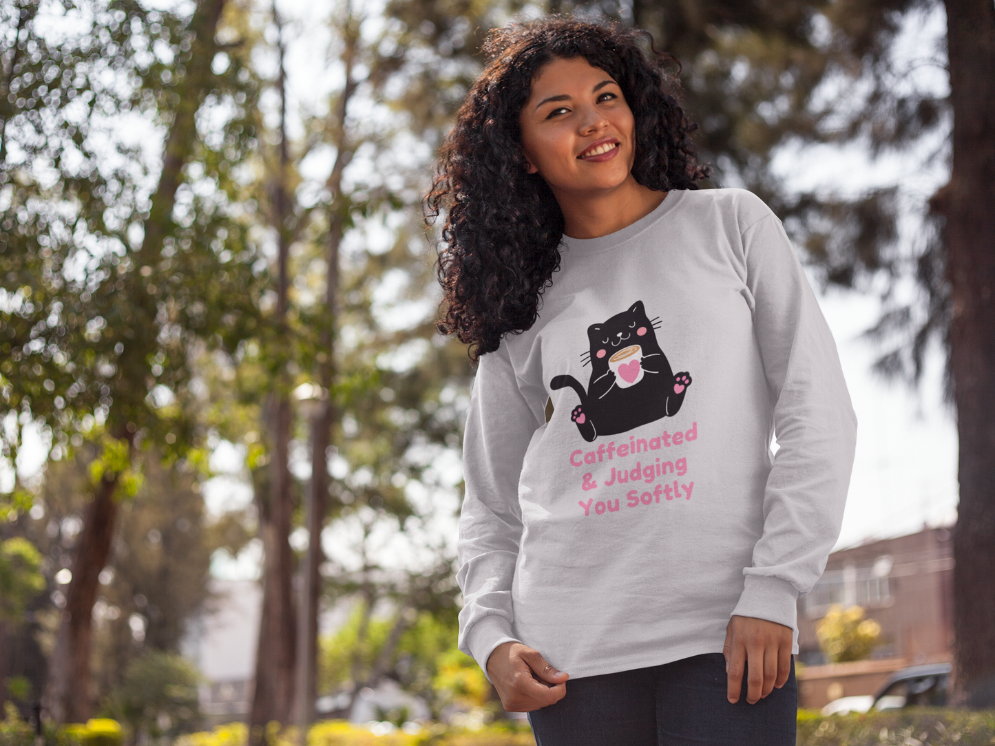 Caffeinated & Judging You Softly Cat Sweatshirt | Funny Coffee Lover Crewneck