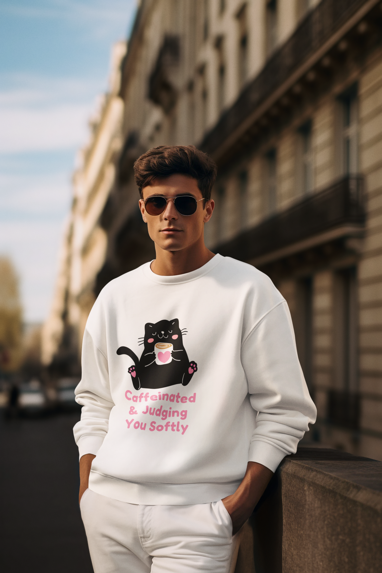 Caffeinated & Judging You Softly Cat Sweatshirt | Funny Coffee Lover Crewneck