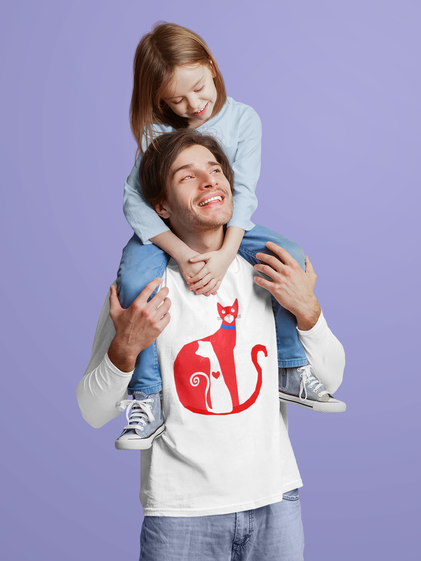 Red Cat & Kitten Long Sleeve Shirt | Minimal Cat Art Unisex Graphic Tee