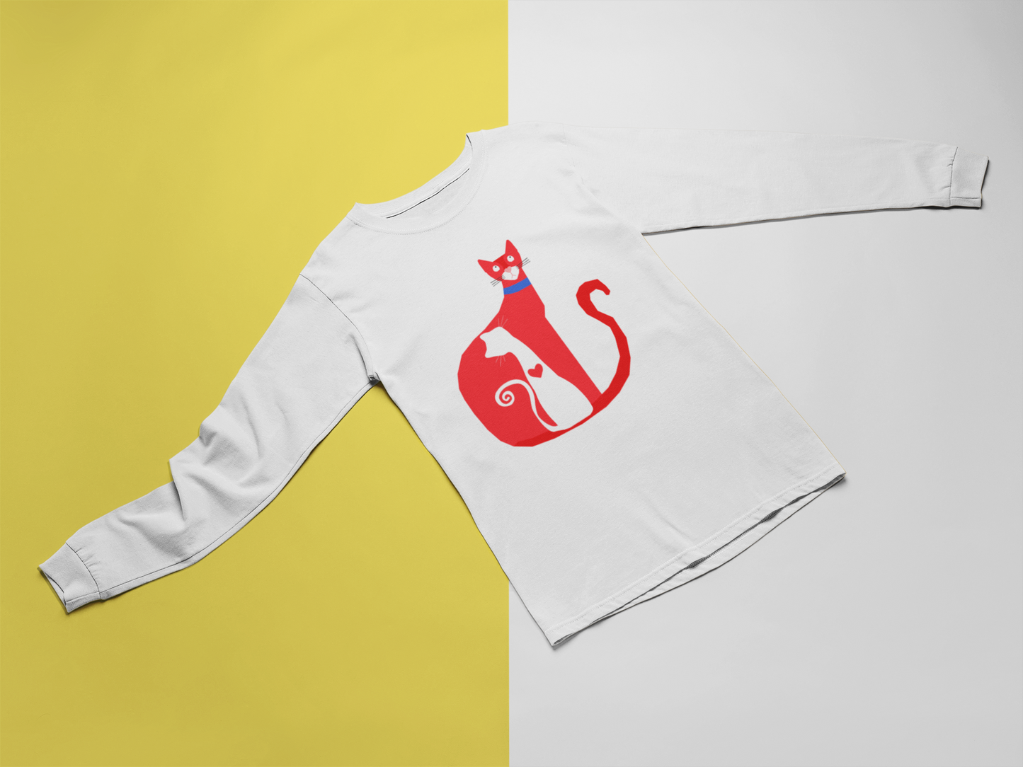 Red Cat & Kitten Long Sleeve Shirt | Minimal Cat Art Unisex Graphic Tee
