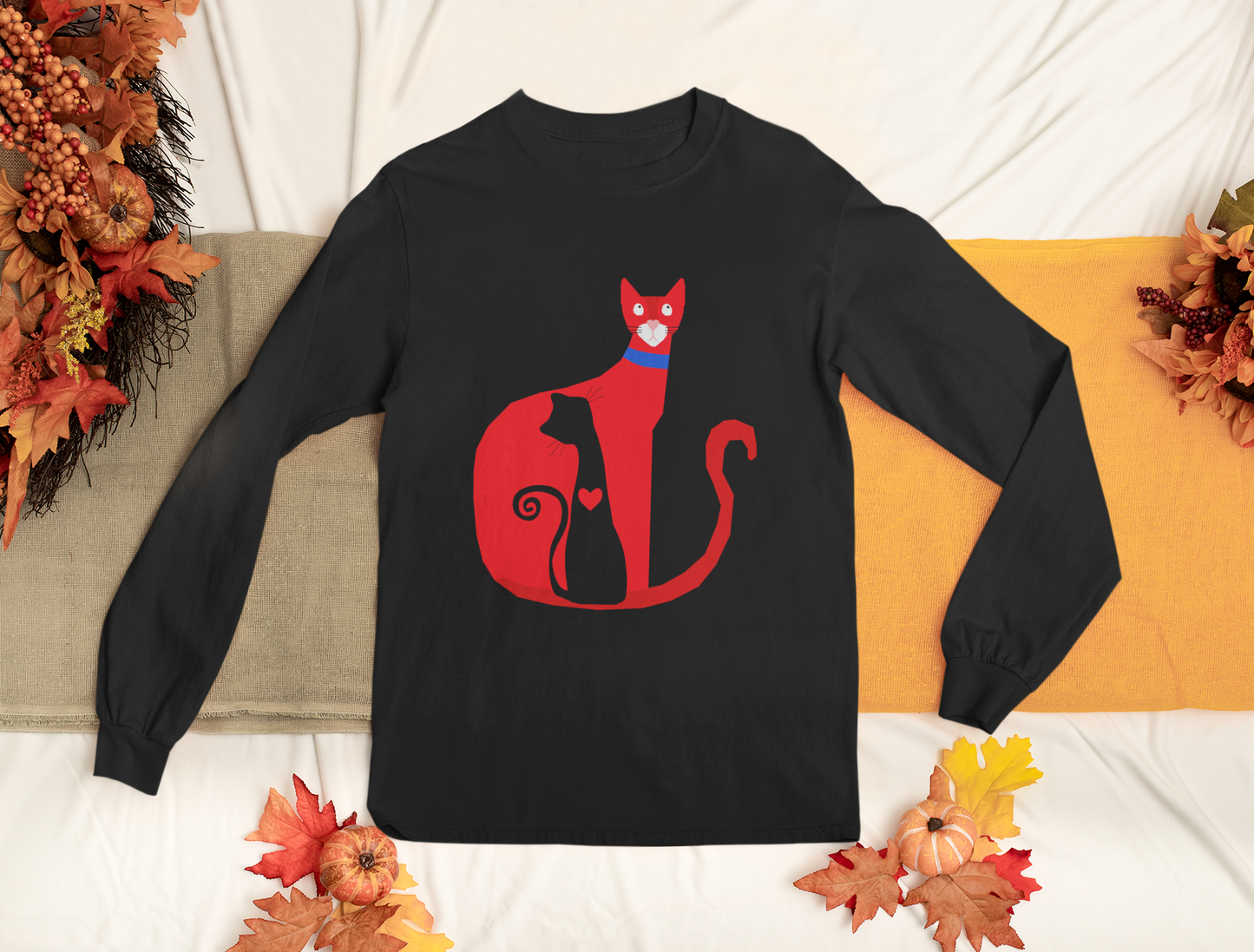 Red Cat & Kitten Long Sleeve Shirt | Minimal Cat Art Unisex Graphic Tee