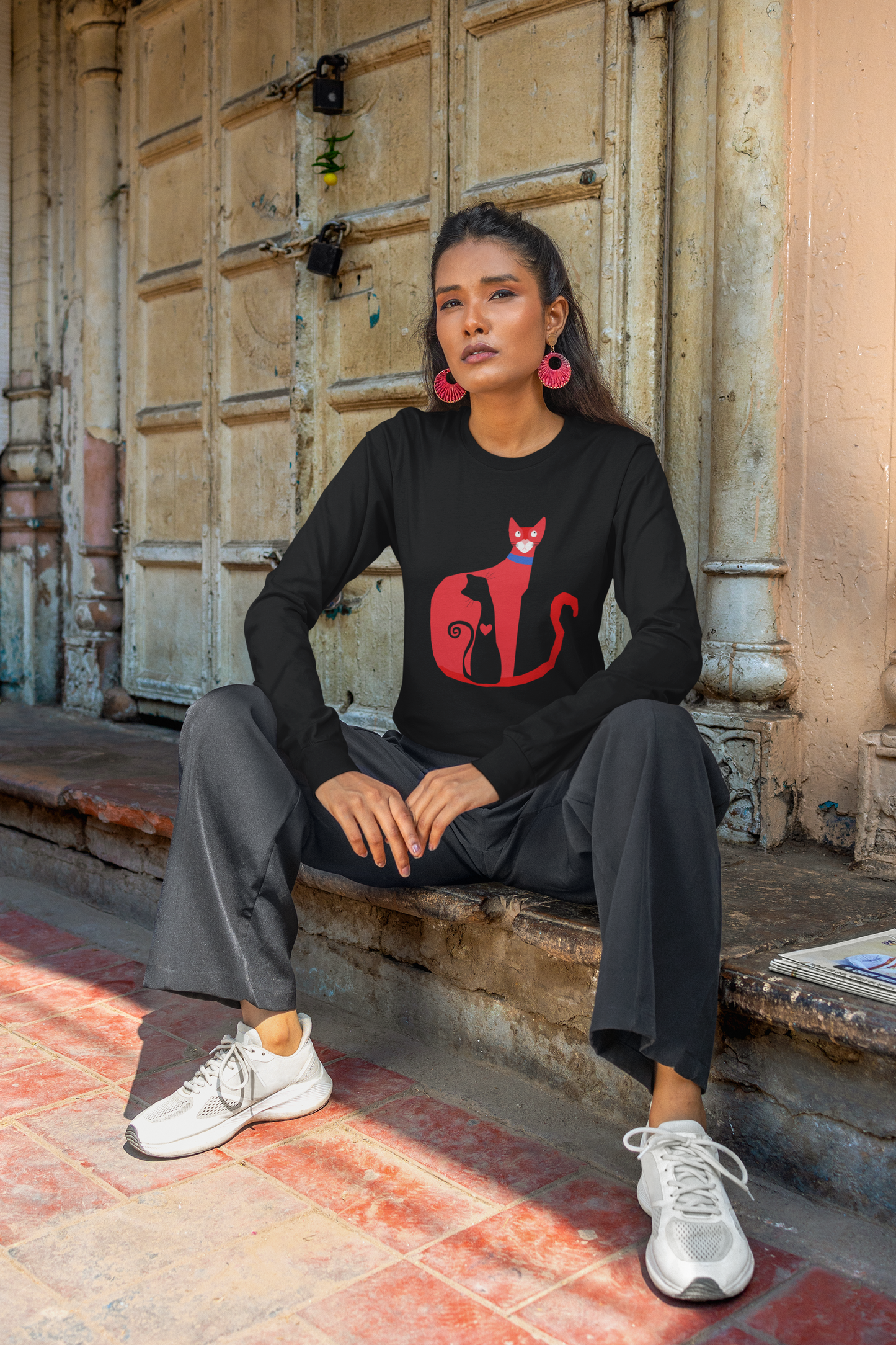 Red Cat & Kitten Long Sleeve Shirt | Minimal Cat Art Unisex Graphic Tee
