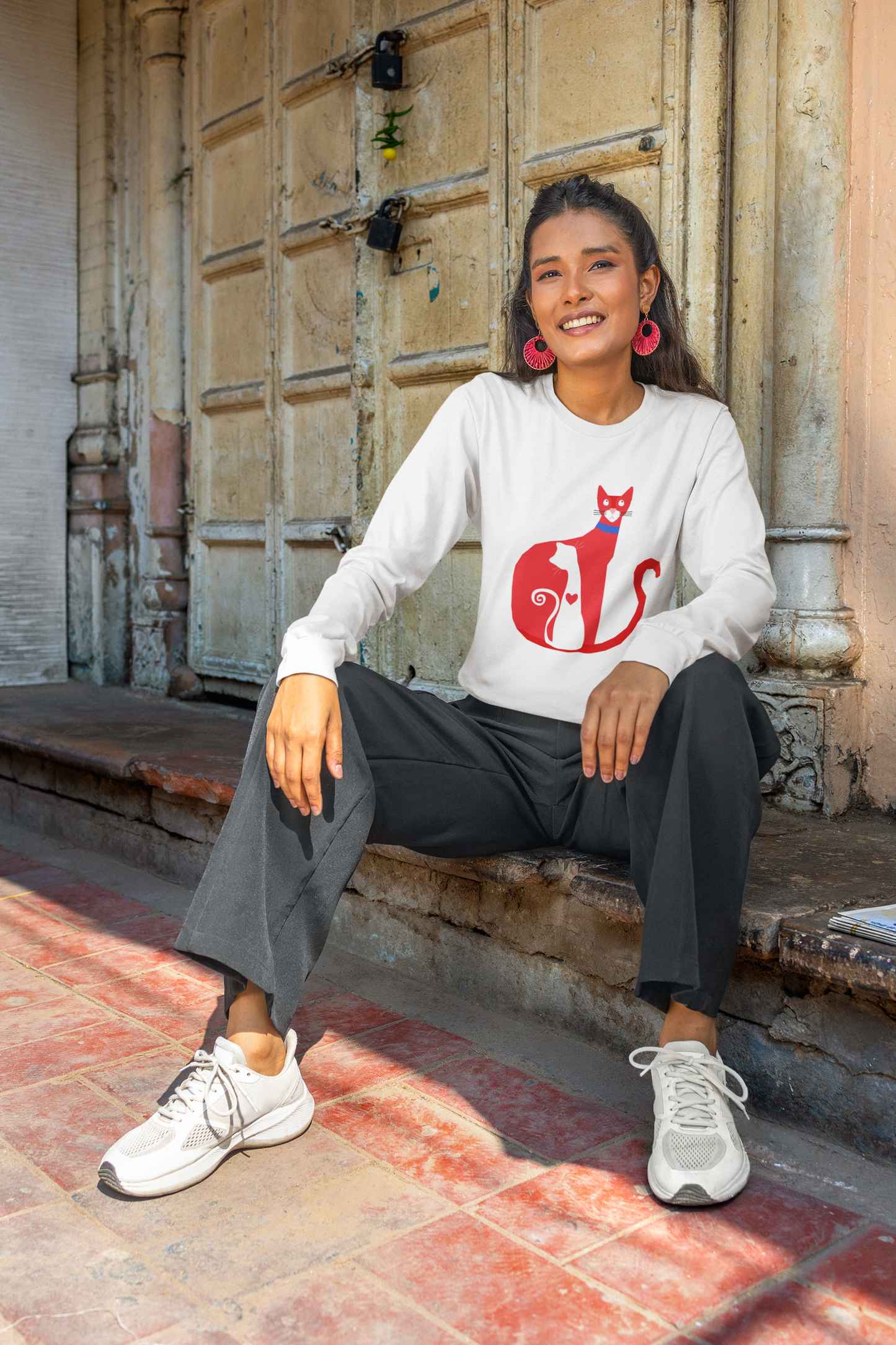 Red Cat & Kitten Long Sleeve Shirt | Minimal Cat Art Unisex Graphic Tee