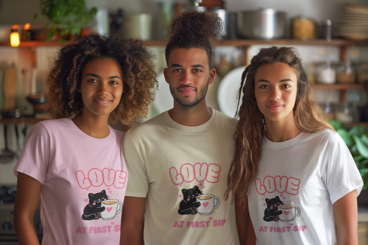 Love at First Sip Cat T-Shirt | Cute Coffee Lover Kawaii Graphic Tee
