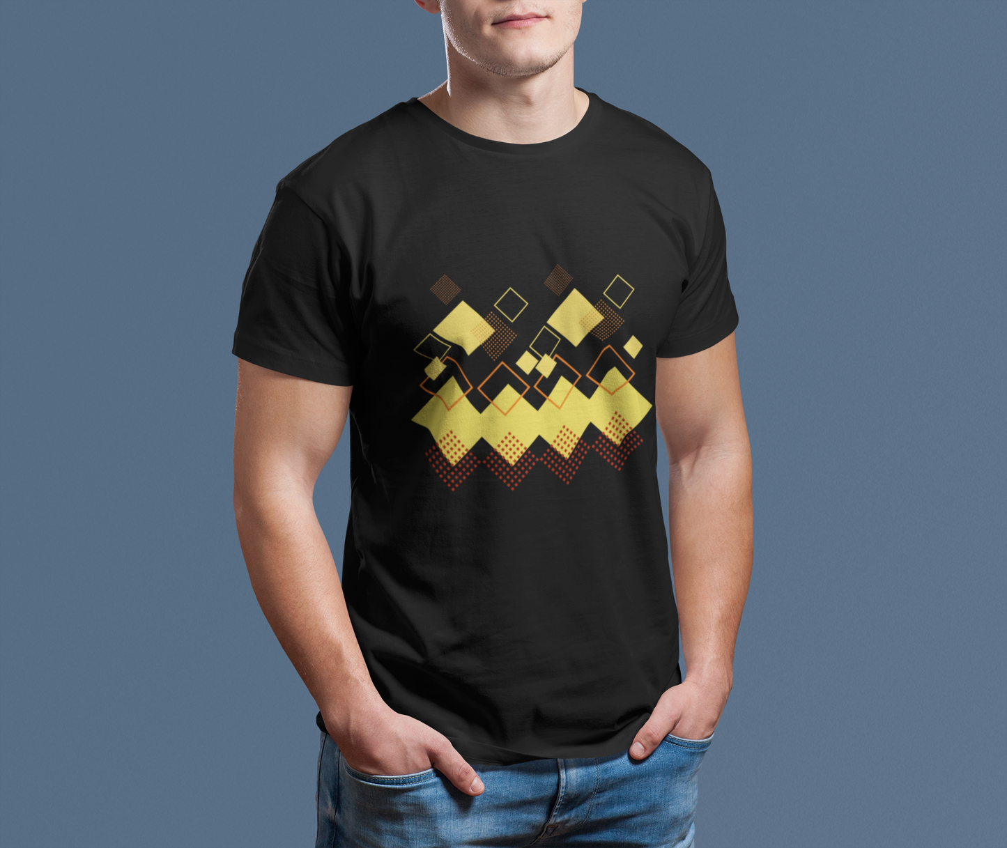 Geometric Diamond Pattern T-Shirt, Retro Pixel Art Tee, Golden Crown Graphic Shirt, Abstract Squares Design, Unisex Minimalist Black Tee