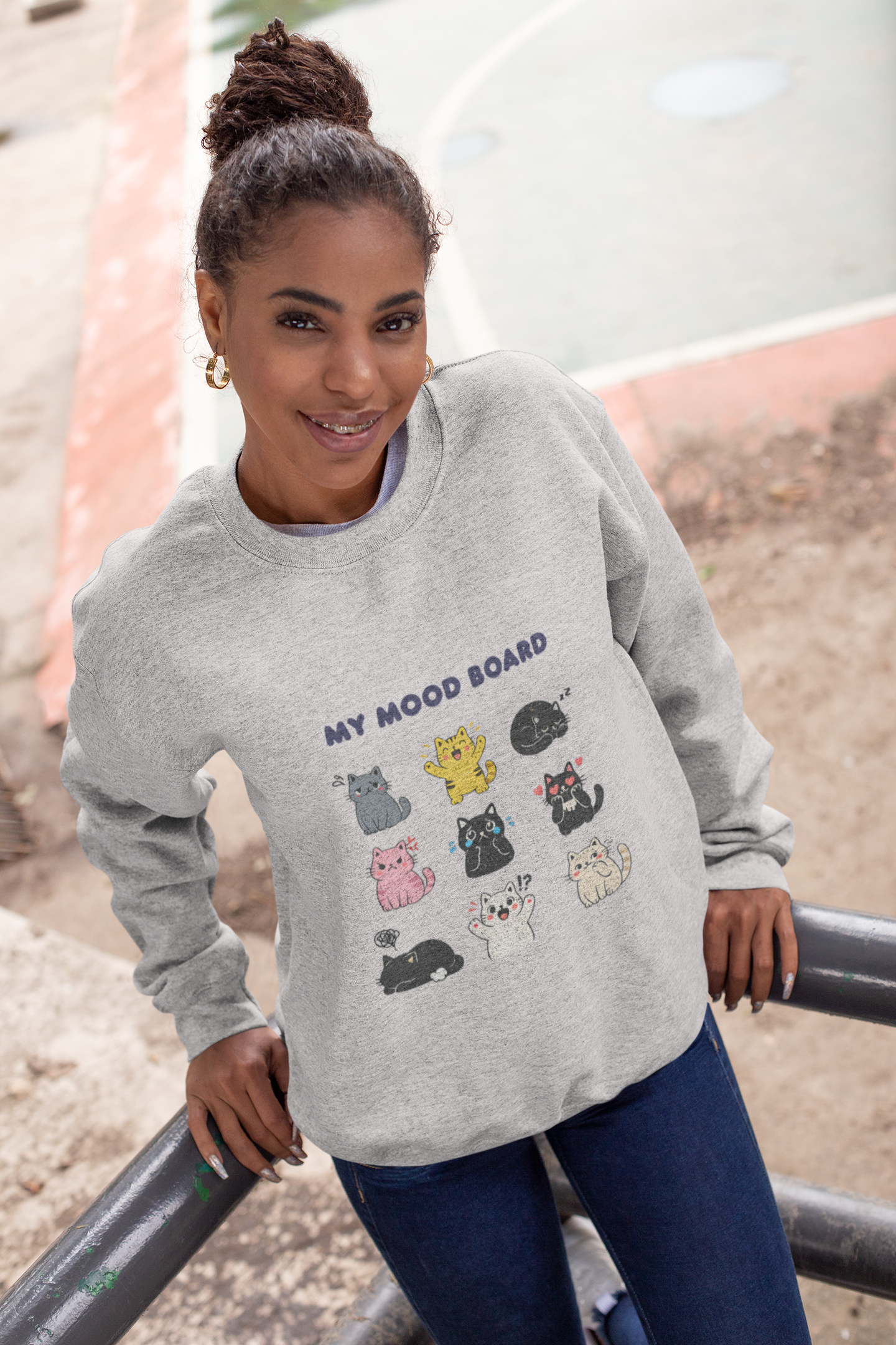 Cute Cat Mood Board Crewneck Sweatshirt, Funny Cat Graphic Pullover, Cozy Unisex Cat Lover Sweater, Pet Lover Gift