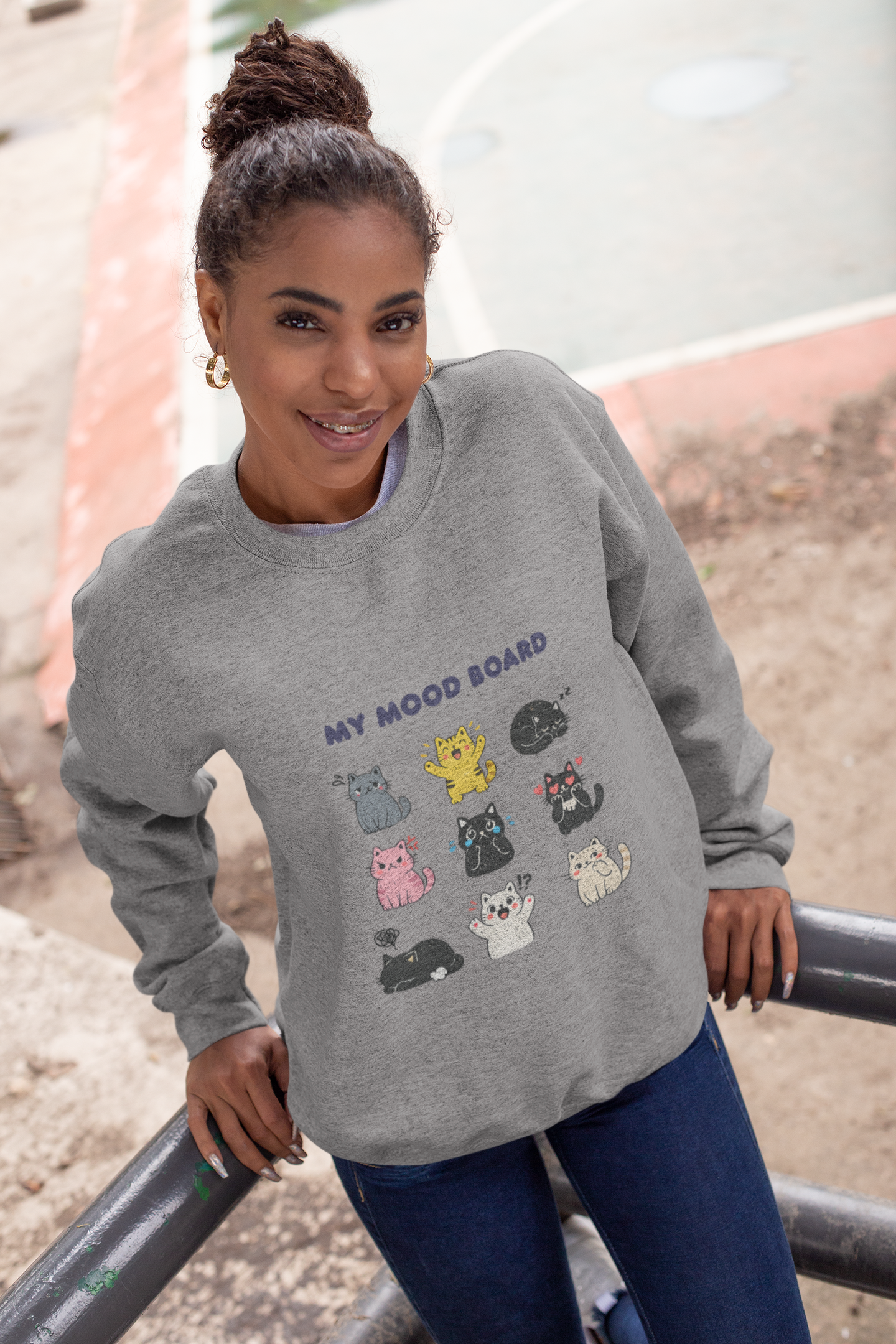 Cute Cat Mood Board Crewneck Sweatshirt, Funny Cat Graphic Pullover, Cozy Unisex Cat Lover Sweater, Pet Lover Gift