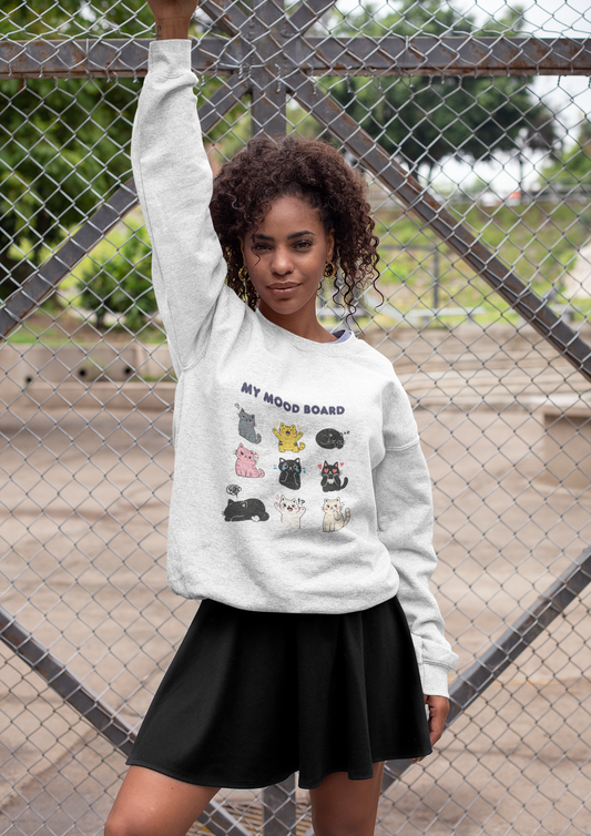 Cute Cat Mood Board Crewneck Sweatshirt, Funny Cat Graphic Pullover, Cozy Unisex Cat Lover Sweater, Pet Lover Gift
