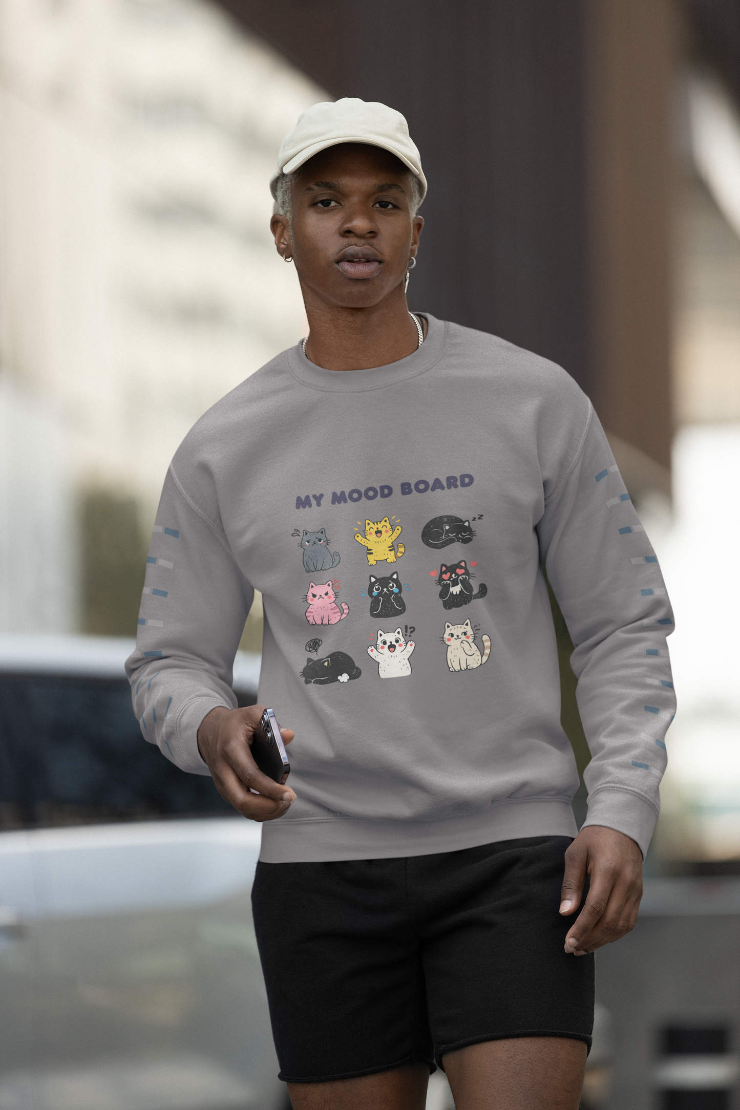 Cute Cat Mood Board Crewneck Sweatshirt, Funny Cat Graphic Pullover, Cozy Unisex Cat Lover Sweater, Pet Lover Gift