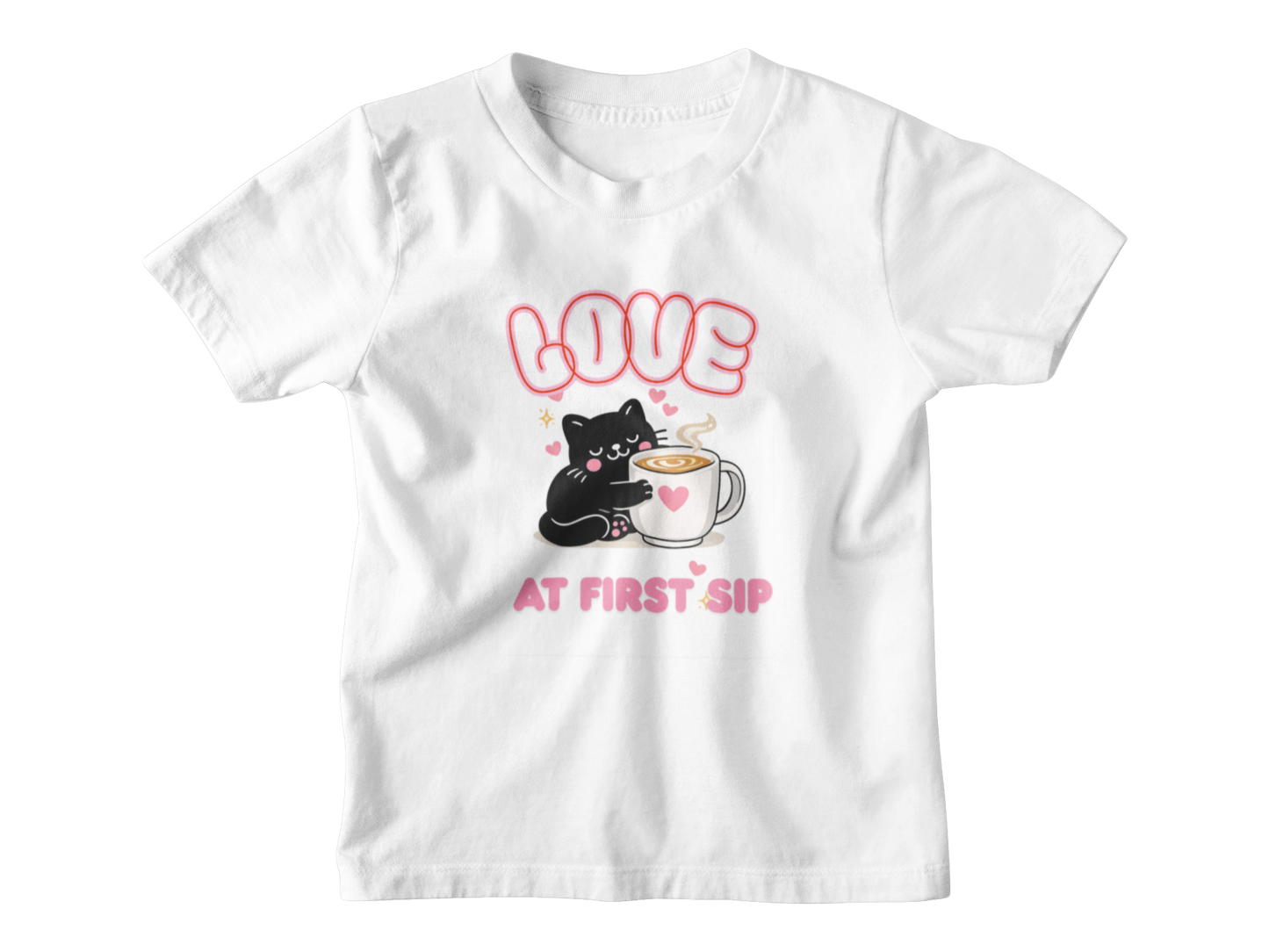 Love at First Sip Cat T-Shirt | Cute Coffee Lover Kawaii Graphic Tee