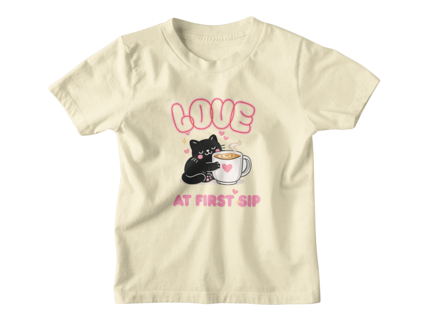 Love at First Sip Cat T-Shirt | Cute Coffee Lover Kawaii Graphic Tee