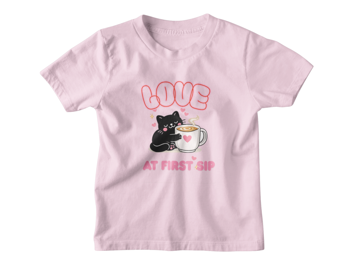 Love at First Sip Cat T-Shirt | Cute Coffee Lover Kawaii Graphic Tee