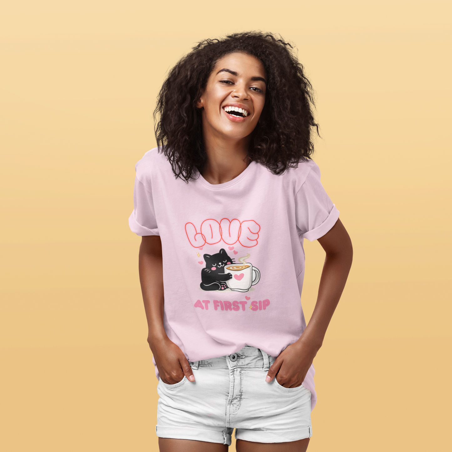 Love at First Sip Cat T-Shirt | Cute Coffee Lover Kawaii Graphic Tee