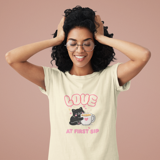 Love at First Sip Cat T-Shirt | Cute Coffee Lover Kawaii Graphic Tee