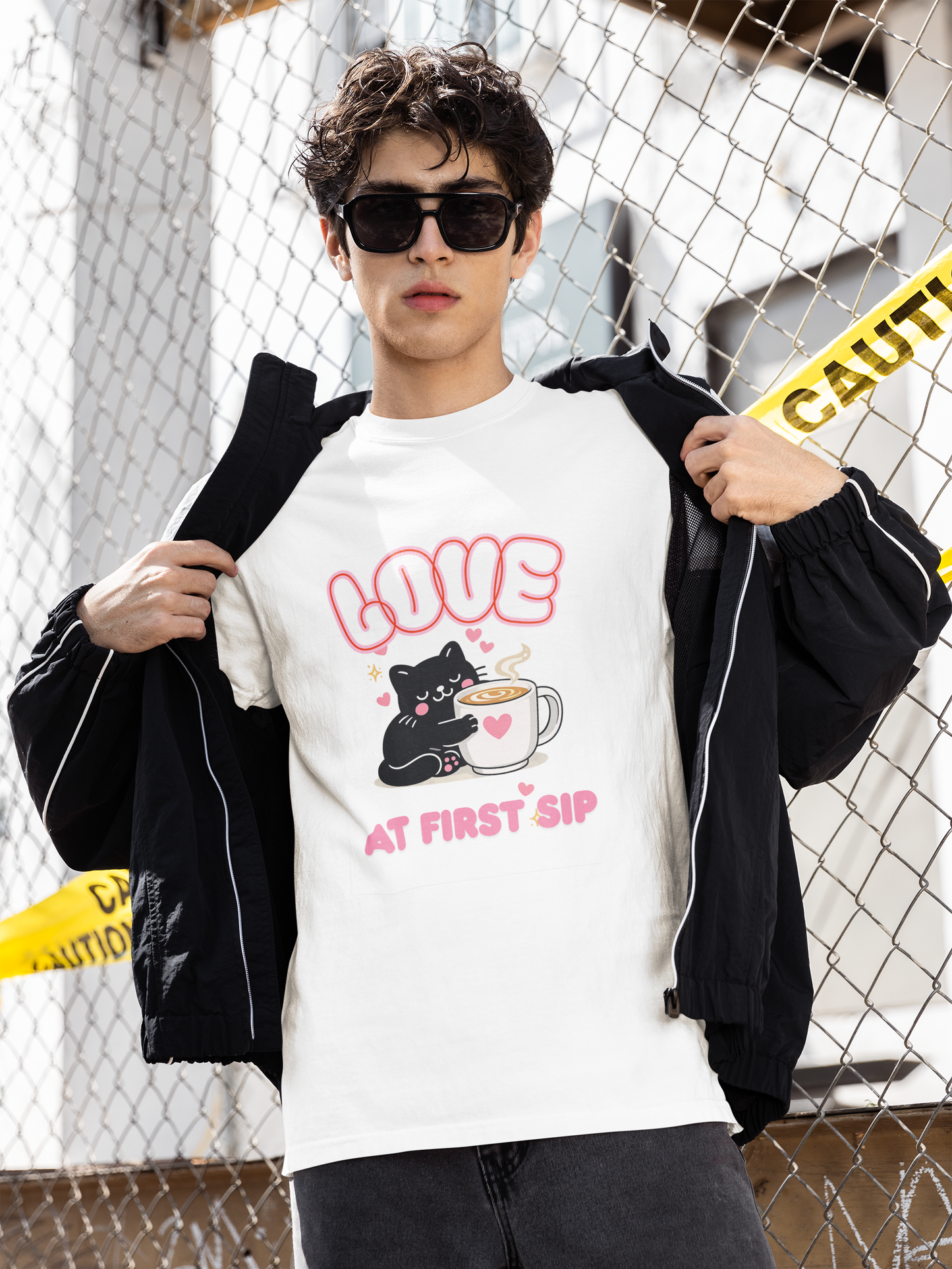 Love at First Sip Cat T-Shirt | Cute Coffee Lover Kawaii Graphic Tee