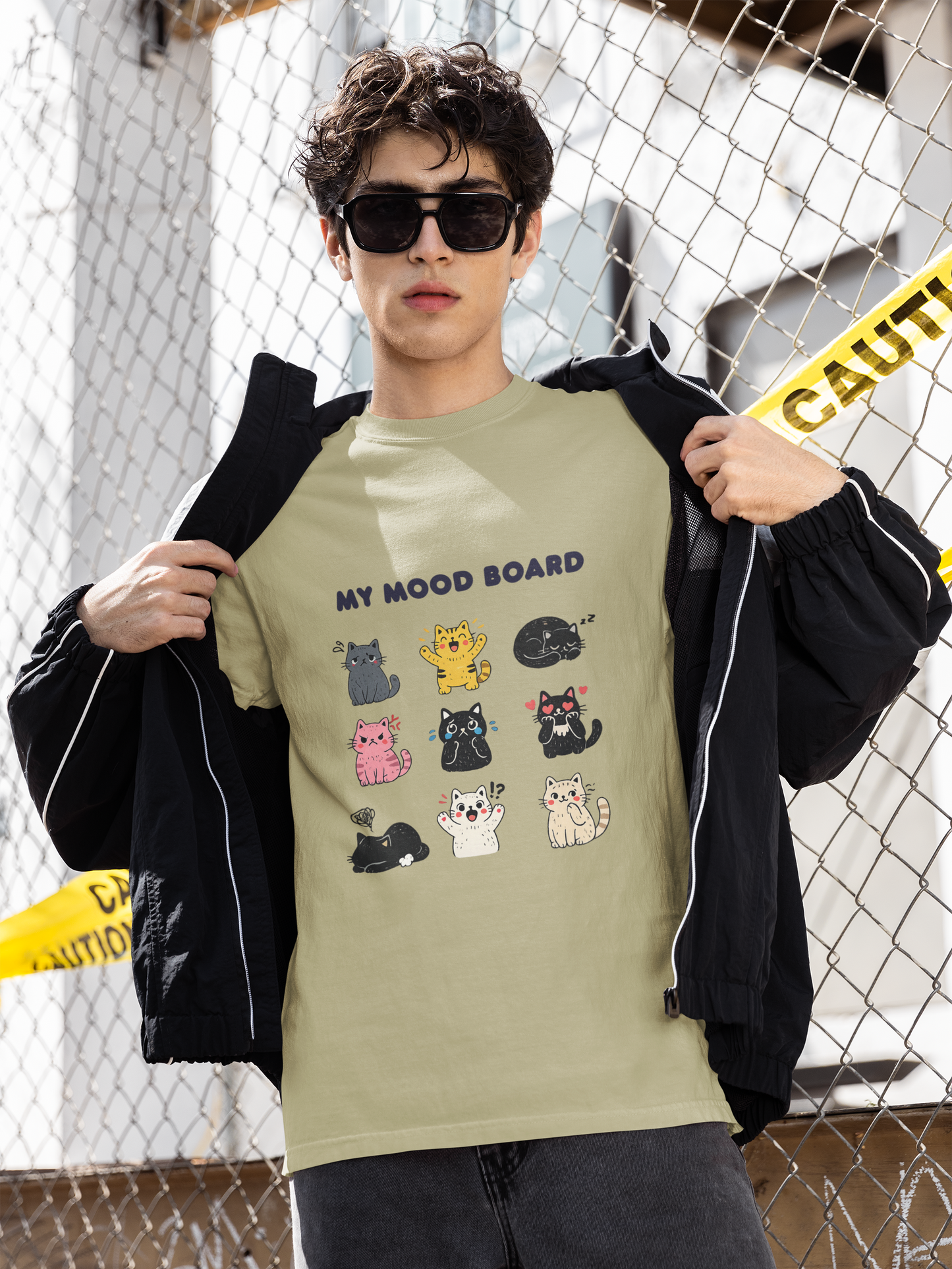Cute Cat Mood Board T-Shirt, Funny Cat Graphic Tee, Cozy Unisex Cat Lover Shirt, Cartoon Cat Top Gift
