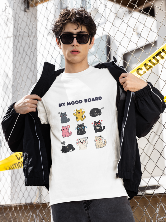 Cute Cat Mood Board T-Shirt, Funny Cat Graphic Tee, Cozy Unisex Cat Lover Shirt, Cartoon Cat Top Gift