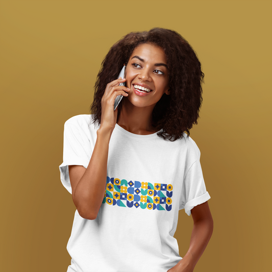 Geometric Shapes Pattern T-Shirt for Men & Women | Modern Blue & Yellow Graphic Tee