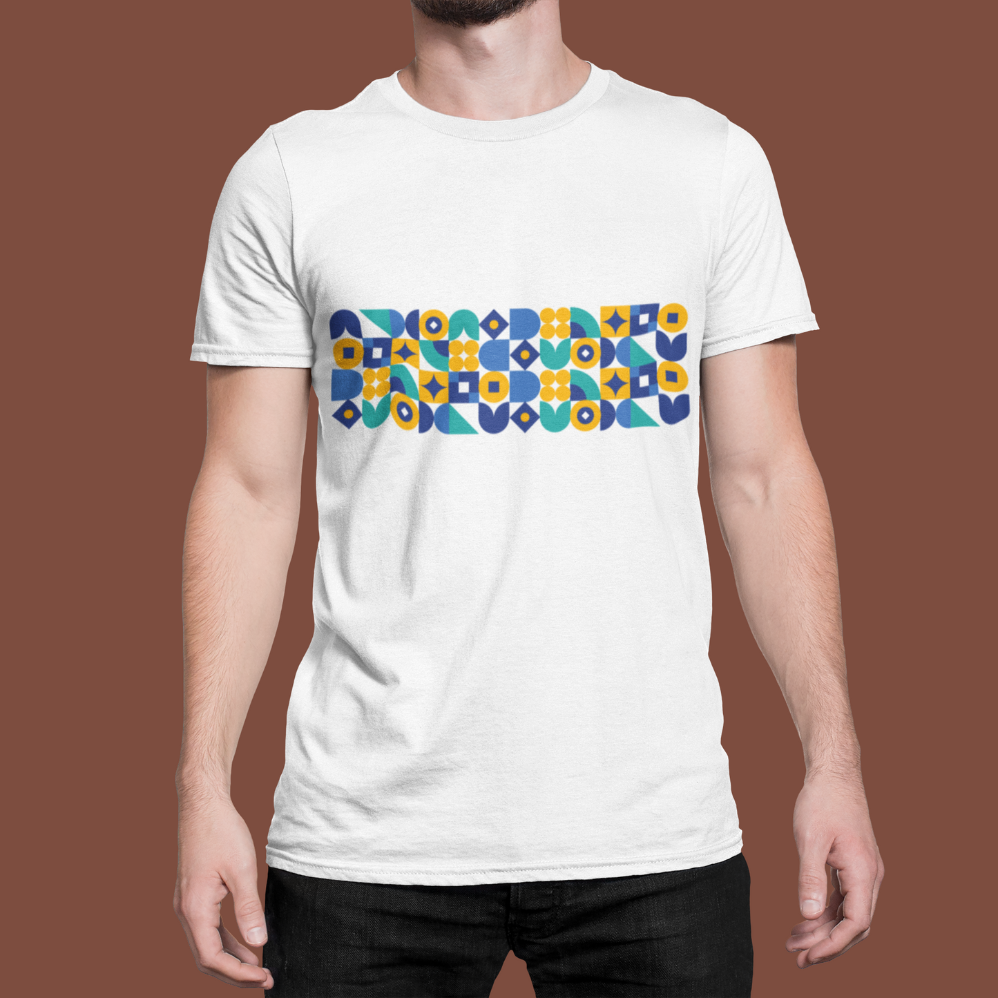 Geometric Shapes Pattern T-Shirt for Men & Women | Modern Blue & Yellow Graphic Tee