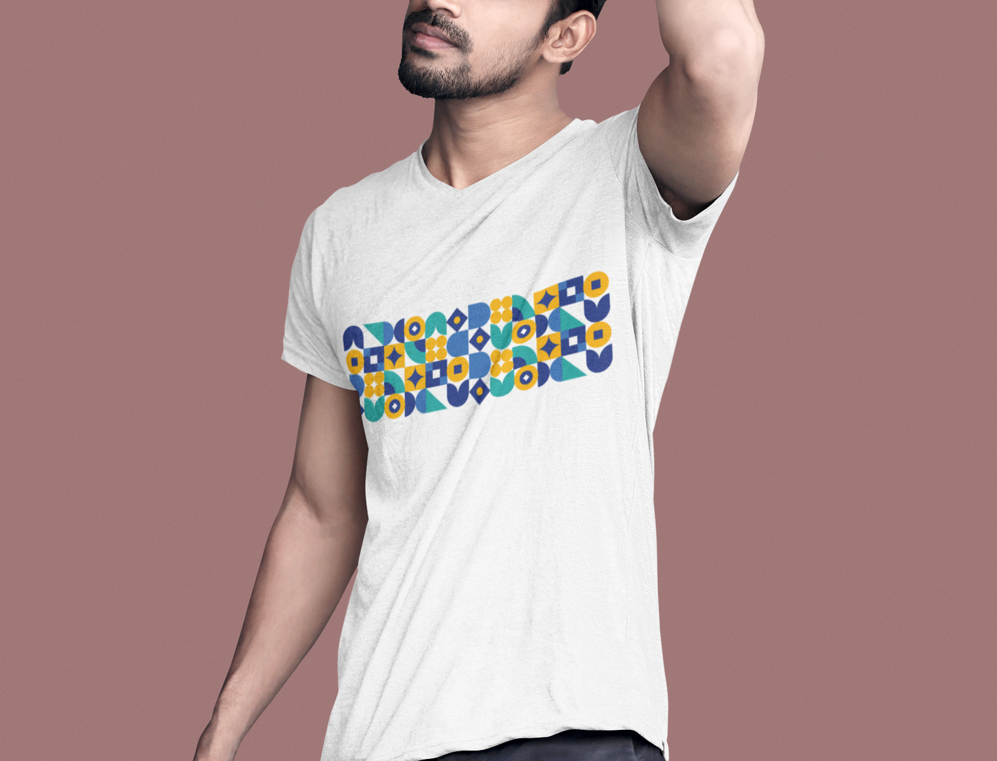 Geometric Shapes Pattern T-Shirt for Men & Women | Modern Blue & Yellow Graphic Tee