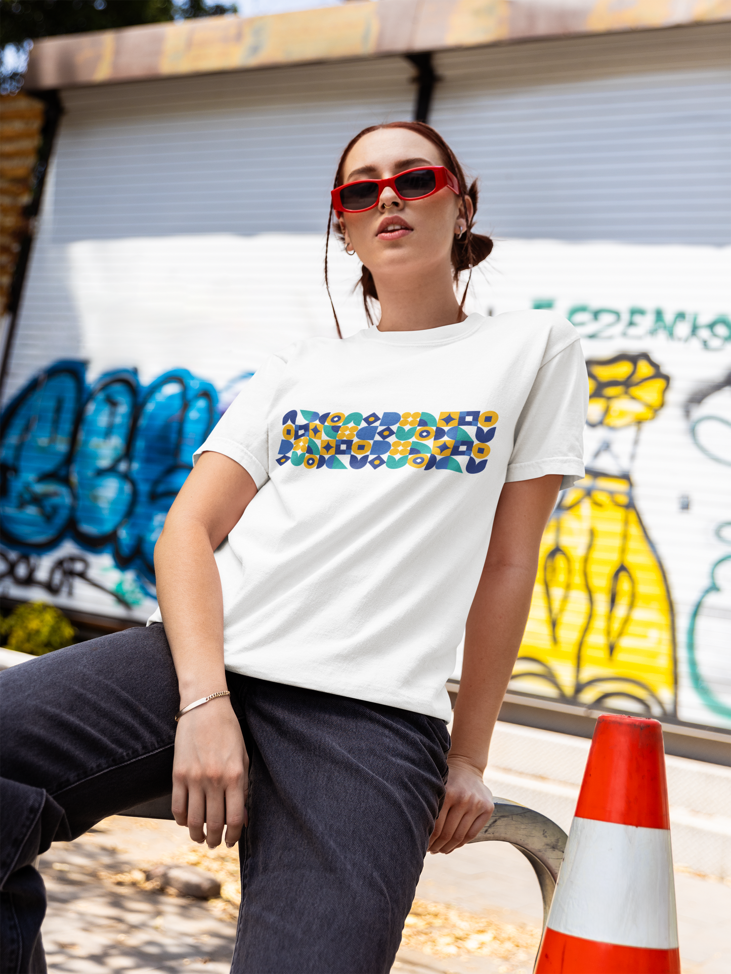 Geometric Shapes Pattern T-Shirt for Men & Women | Modern Blue & Yellow Graphic Tee