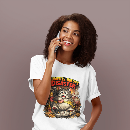 Moments Before Disaster Cat Tee | Funny Retro Fat Cat Graphic T-Shirt | Cute Chaos Cat Lover Shirt