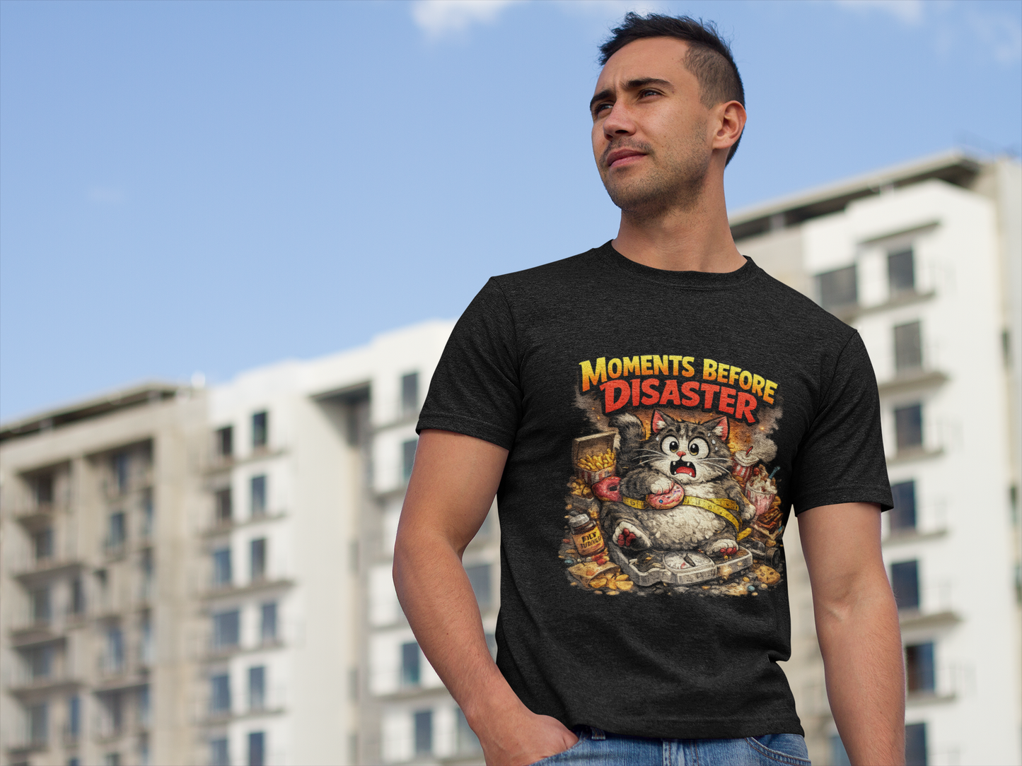Moments Before Disaster Cat Tee | Funny Retro Fat Cat Graphic T-Shirt | Cute Chaos Cat Lover Shirt