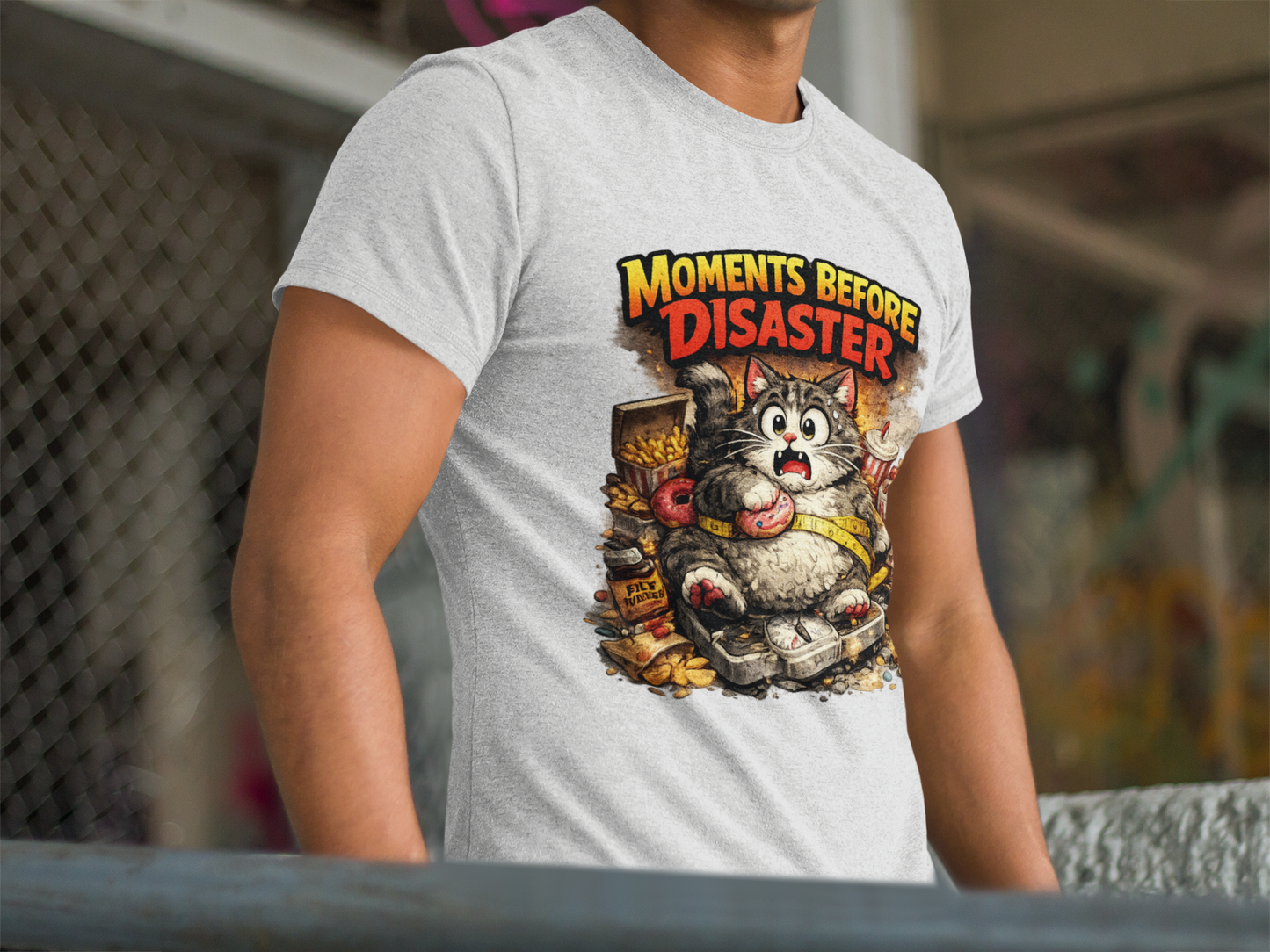 Moments Before Disaster Cat Tee | Funny Retro Fat Cat Graphic T-Shirt | Cute Chaos Cat Lover Shirt
