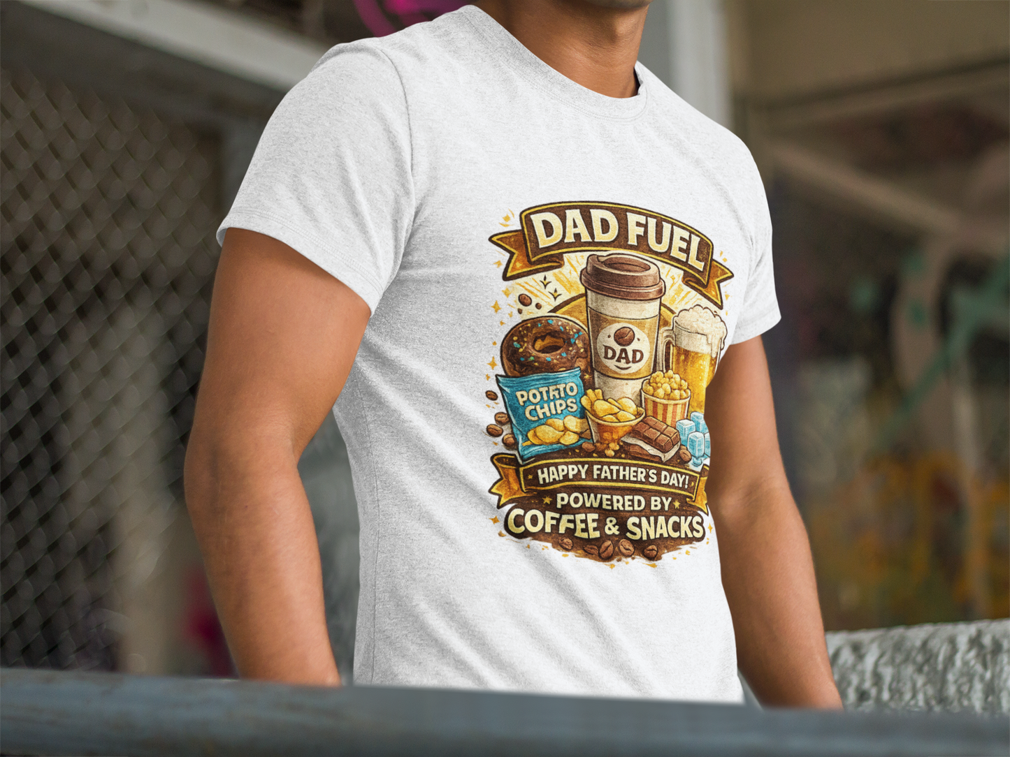 Dad Fuel T Shirt Powered by Coffee and Snacks Funny Fathers Day Tee