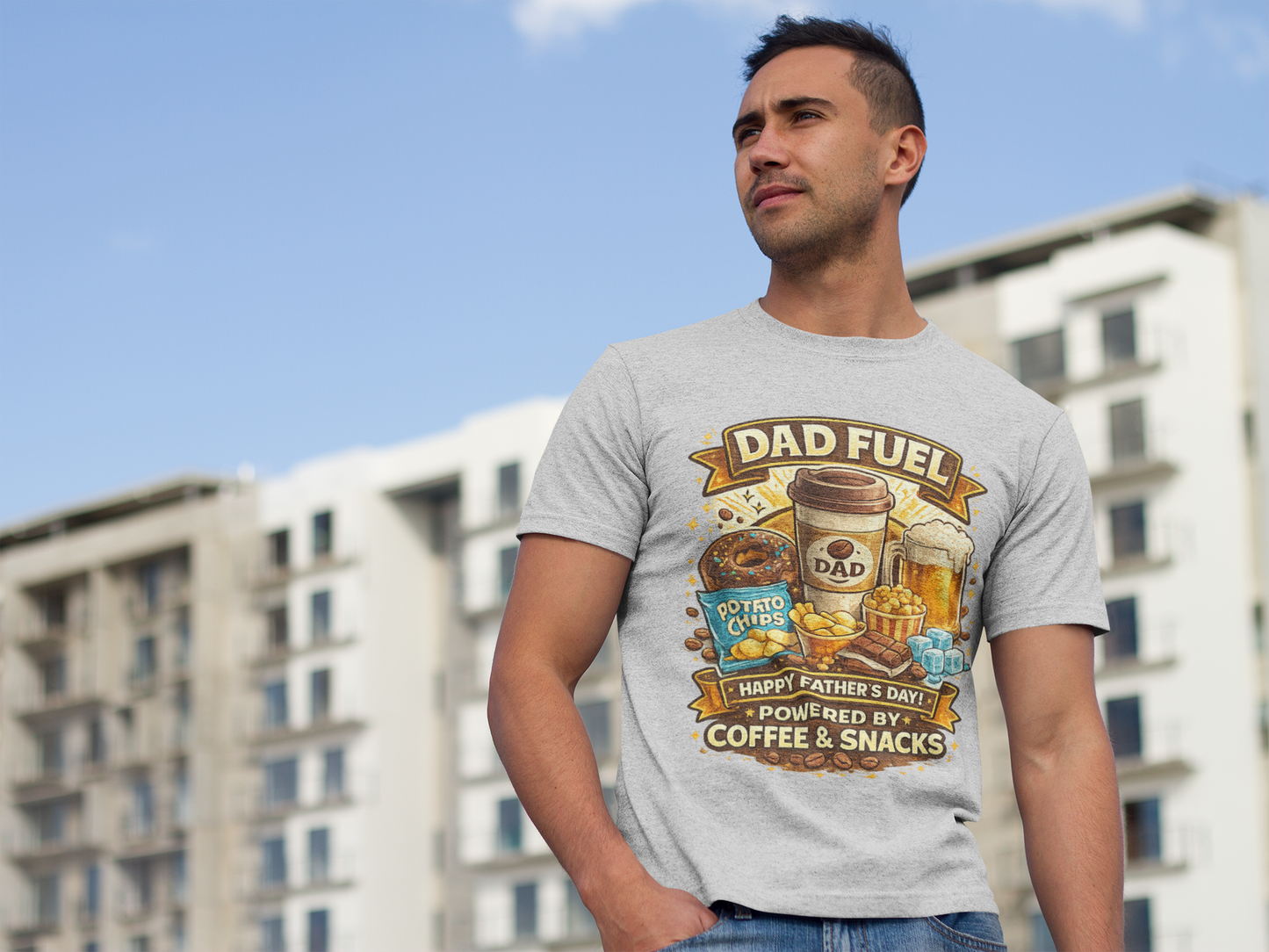 Dad Fuel T Shirt Powered by Coffee and Snacks Funny Fathers Day Tee