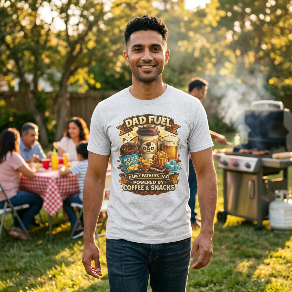 Dad Fuel T Shirt Powered by Coffee and Snacks Funny Fathers Day Tee