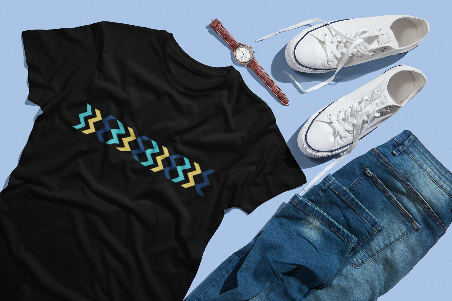 Geometric Chevron Stripe T-Shirt — Modern Blue & Yellow Pattern
