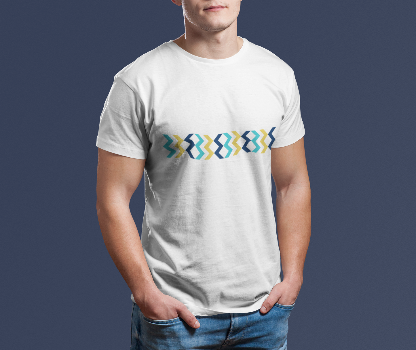 Geometric Chevron Stripe T-Shirt — Modern Blue & Yellow Pattern
