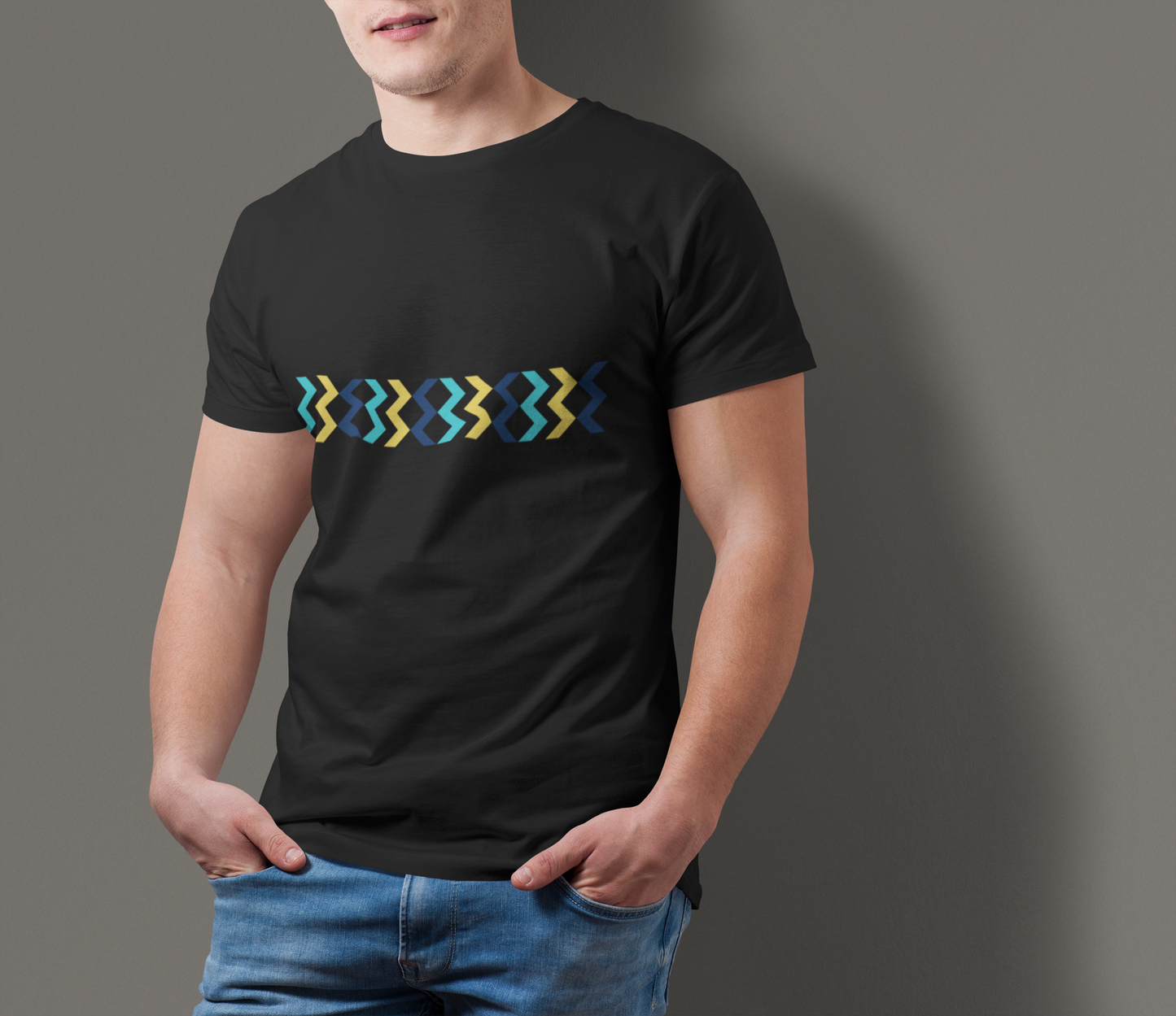 Geometric Chevron Stripe T-Shirt — Modern Blue & Yellow Pattern
