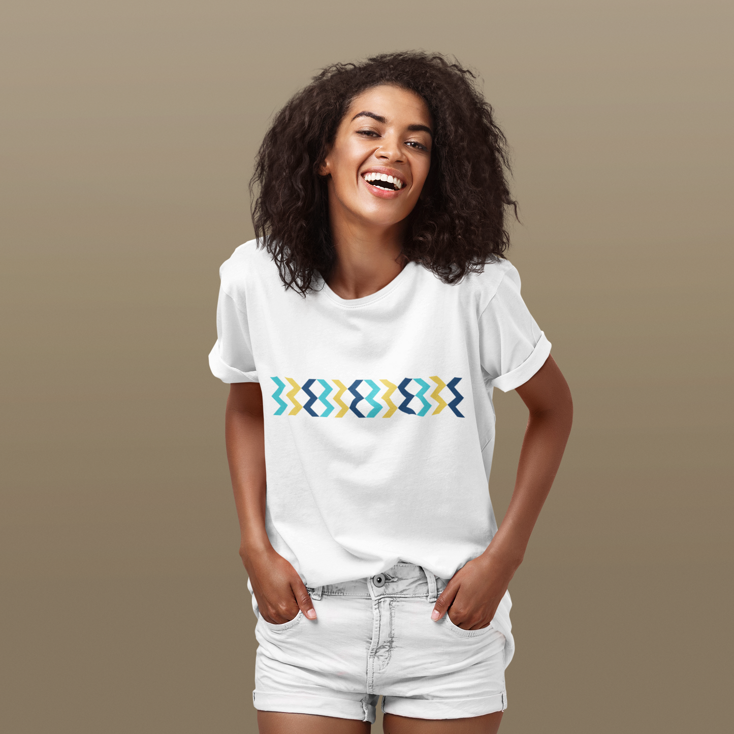 Geometric Chevron Stripe T-Shirt — Modern Blue & Yellow Pattern
