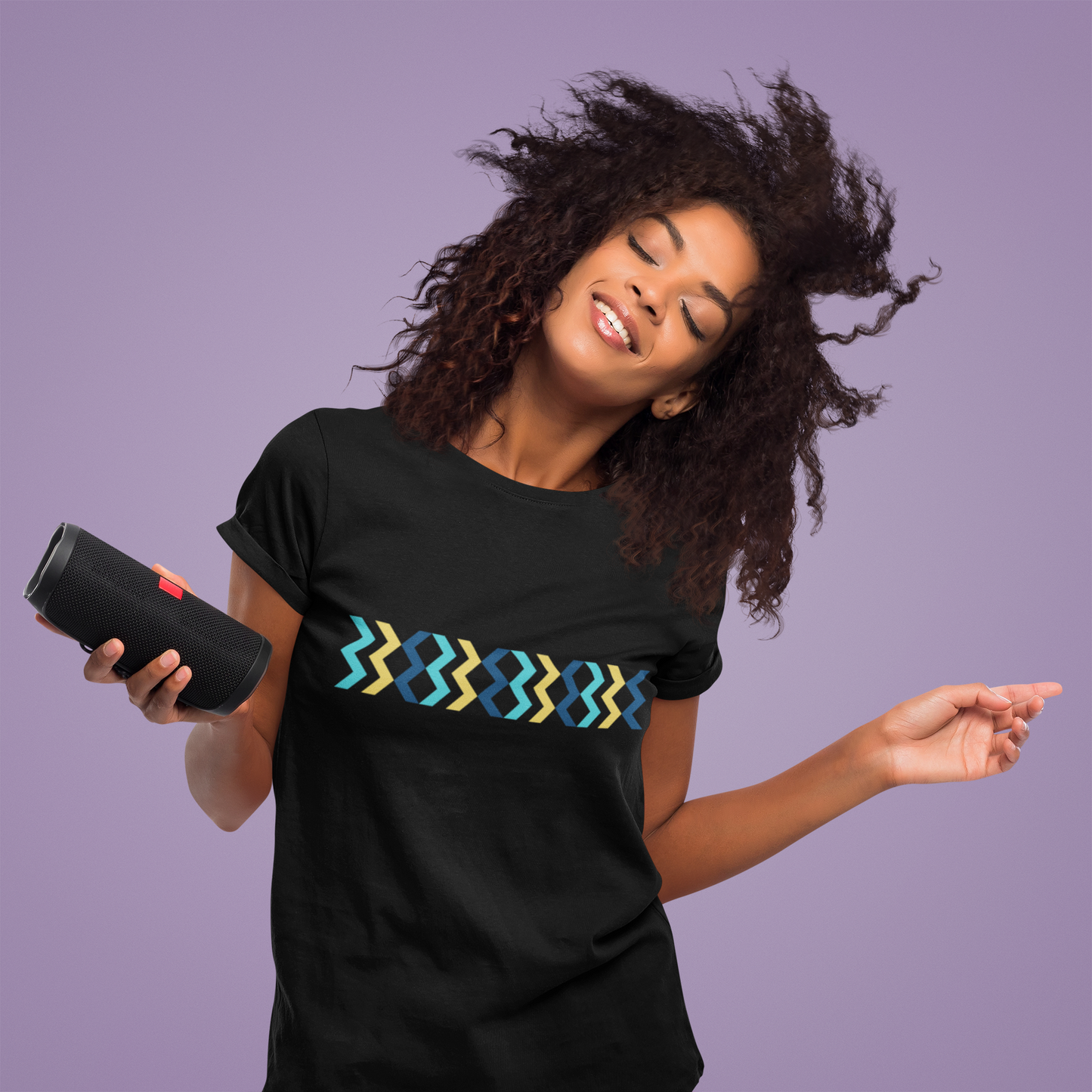 Geometric Chevron Stripe T-Shirt — Modern Blue & Yellow Pattern