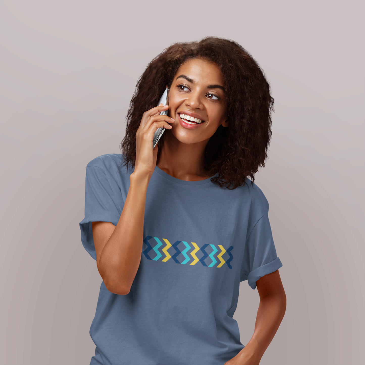 Geometric Chevron Stripe T-Shirt — Modern Blue & Yellow Pattern