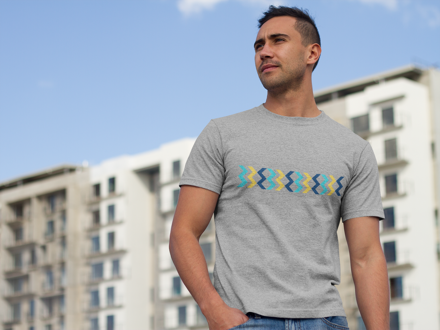 Geometric Chevron Stripe T-Shirt — Modern Blue & Yellow Pattern