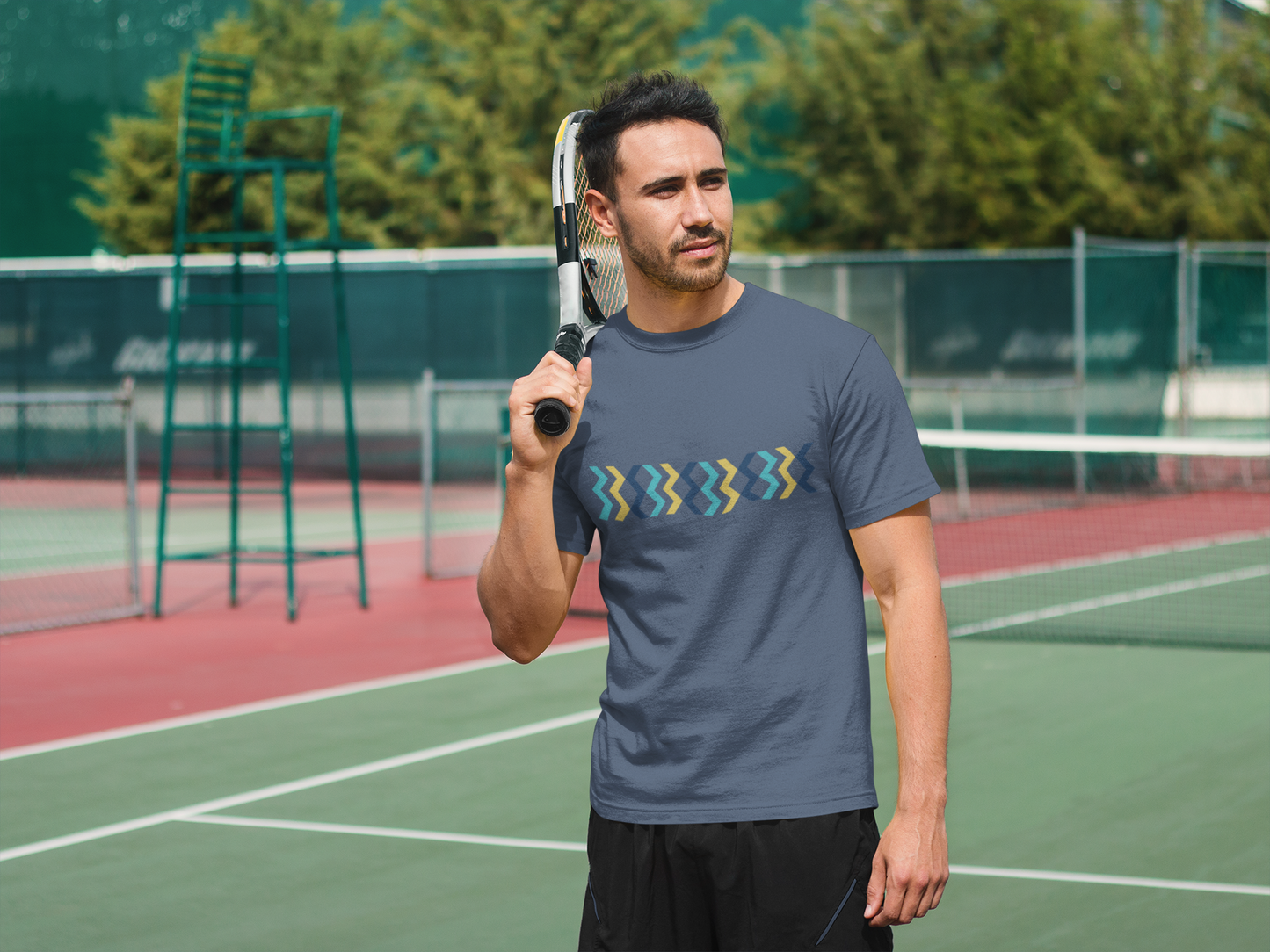 Geometric Chevron Stripe T-Shirt — Modern Blue & Yellow Pattern